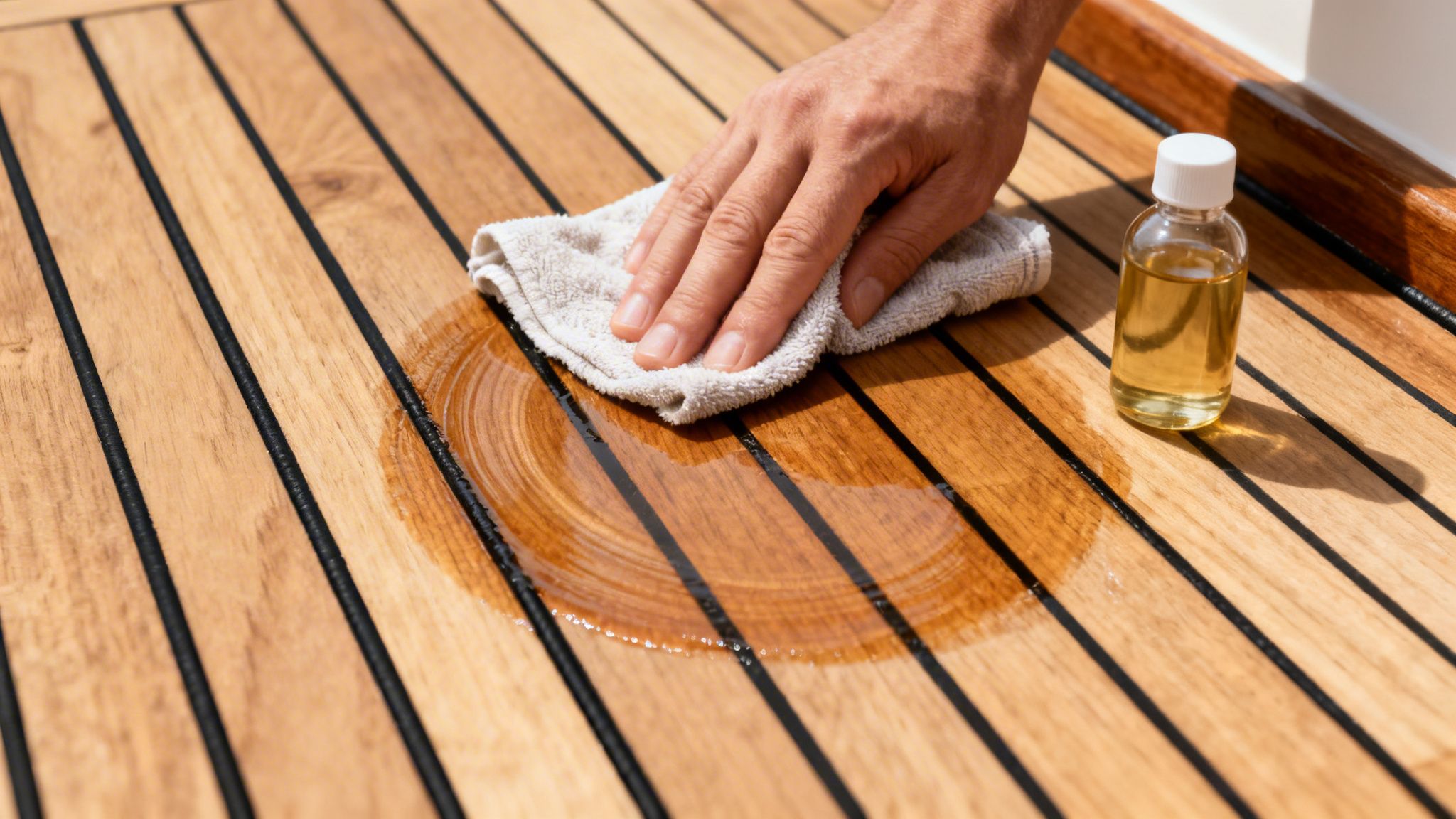 En hånd påfører olie på et skibsgulv af træ med en klud, flaske synlig.