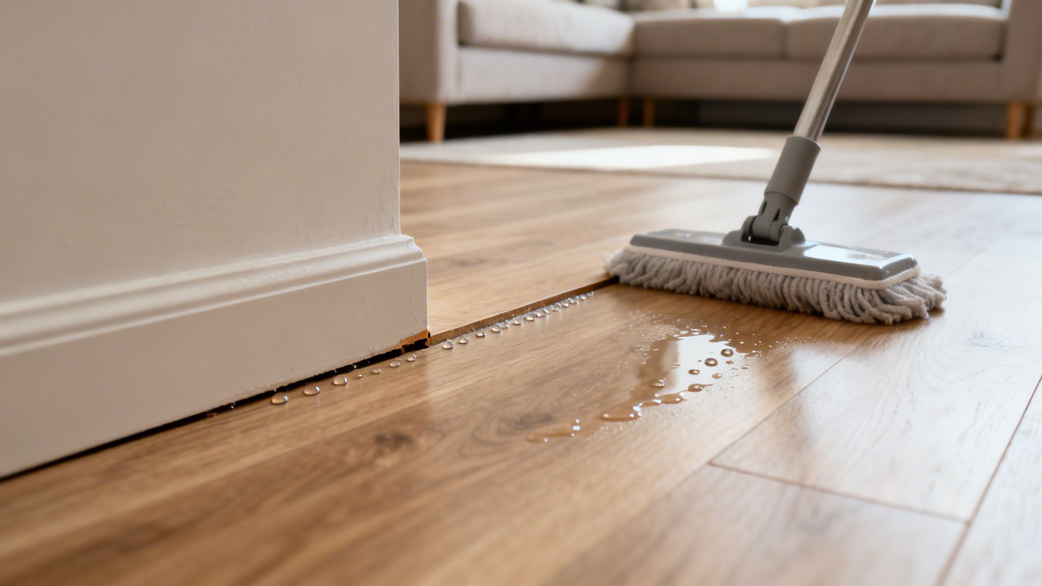 En moppe tørrer vand op fra et lyst laminatgulv langs en hvid fodliste i et hjem.