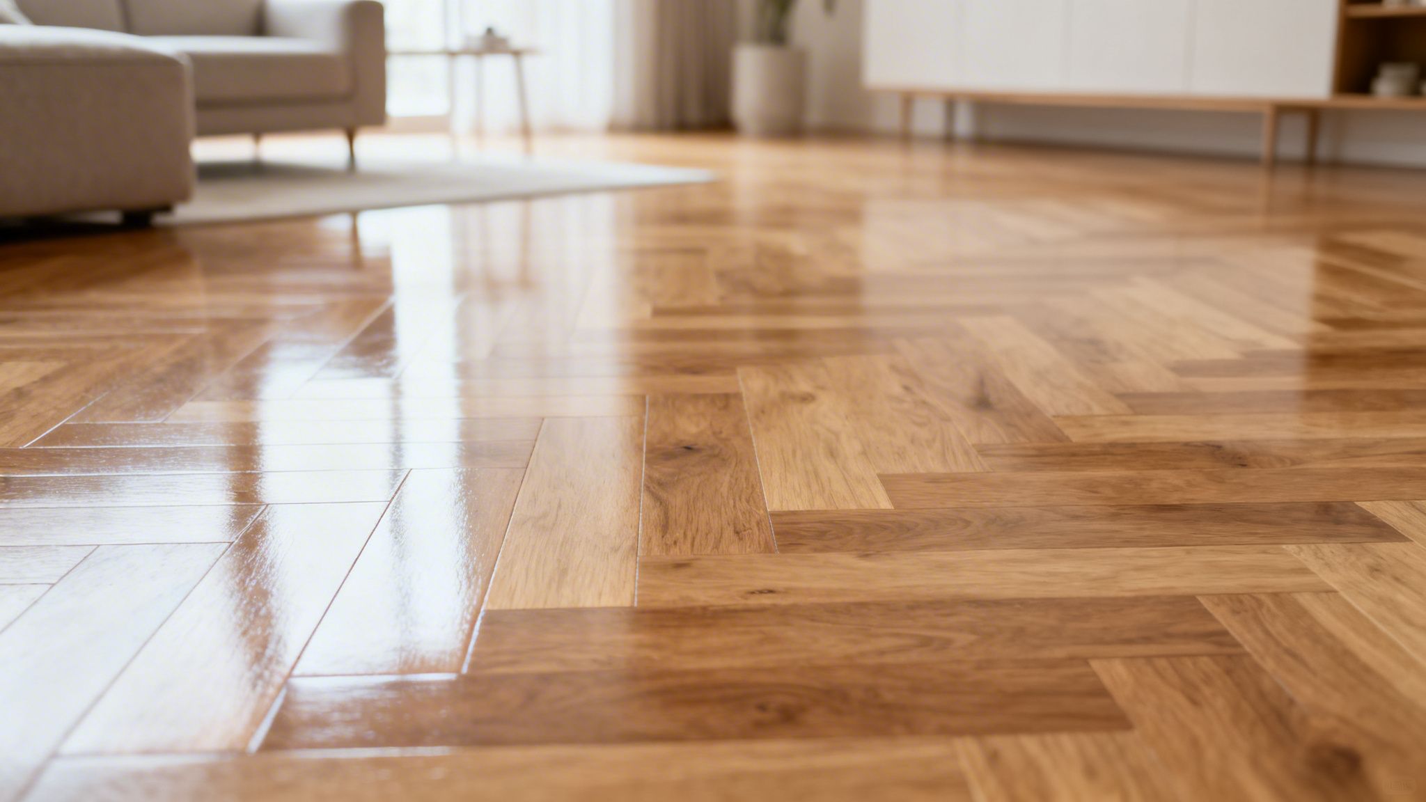 Et skinnende rent parketgulv med sildebensmønster i en lys stue, der reflekterer lys.