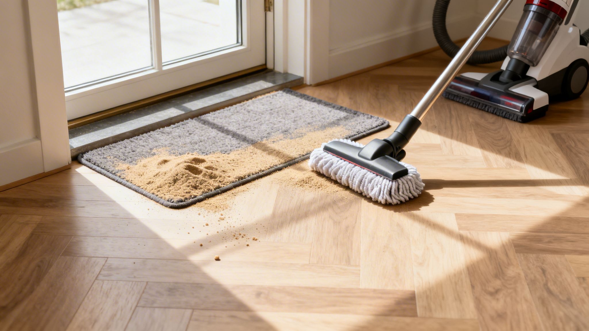 Moppestøvsuger renser sand fra et trægulv og dørmåtte ved en glasdør.