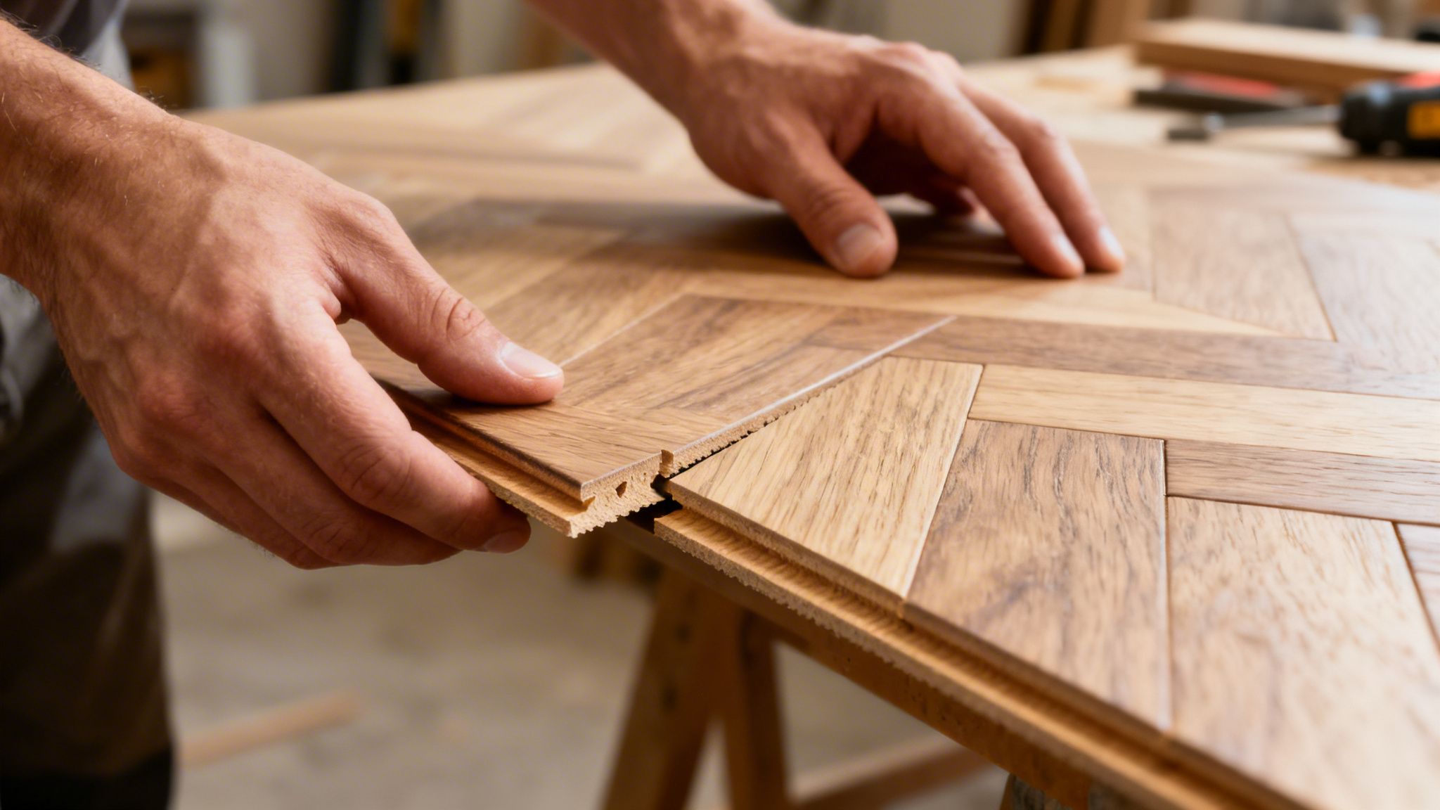 Hænder samler et klikgulv i sildebensmønster, viser montering af trægulvplanker.