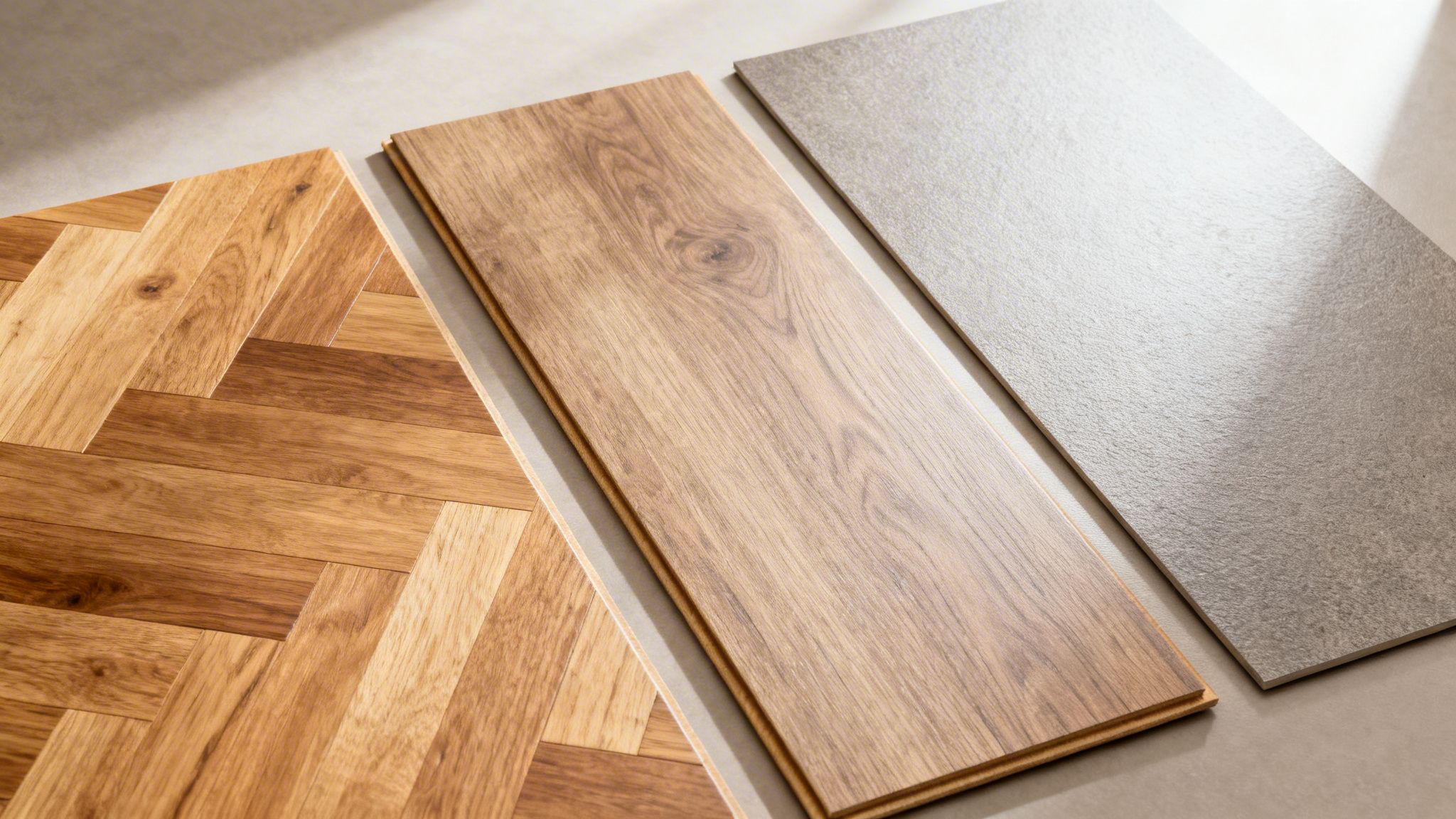 Tre forskellige gulvprøver, herunder sildebensparket, træplanker og grå fliser, præsenteret på en lys overflade.