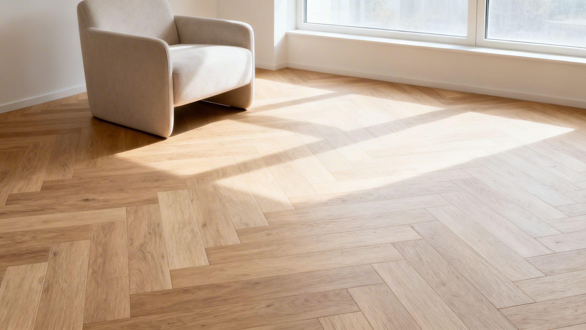 Lys lænestol på trægulv med sildebensmønster i et rum med stort vindue og sollys.