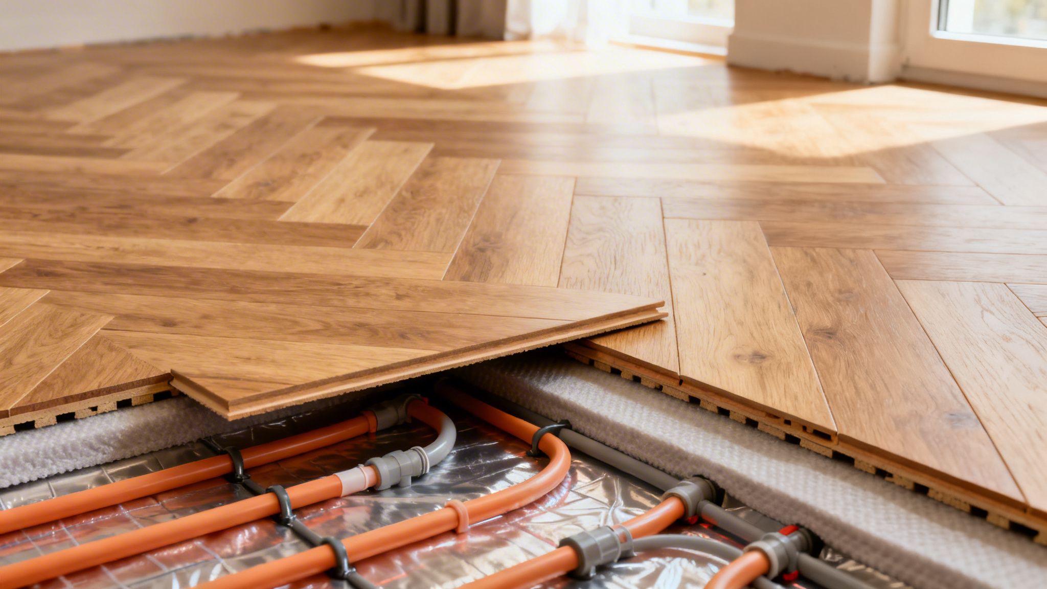 Installation af sildebensparket klikgulv, hvor gulvvarmerør er synlige under de delvist lagte brædder.