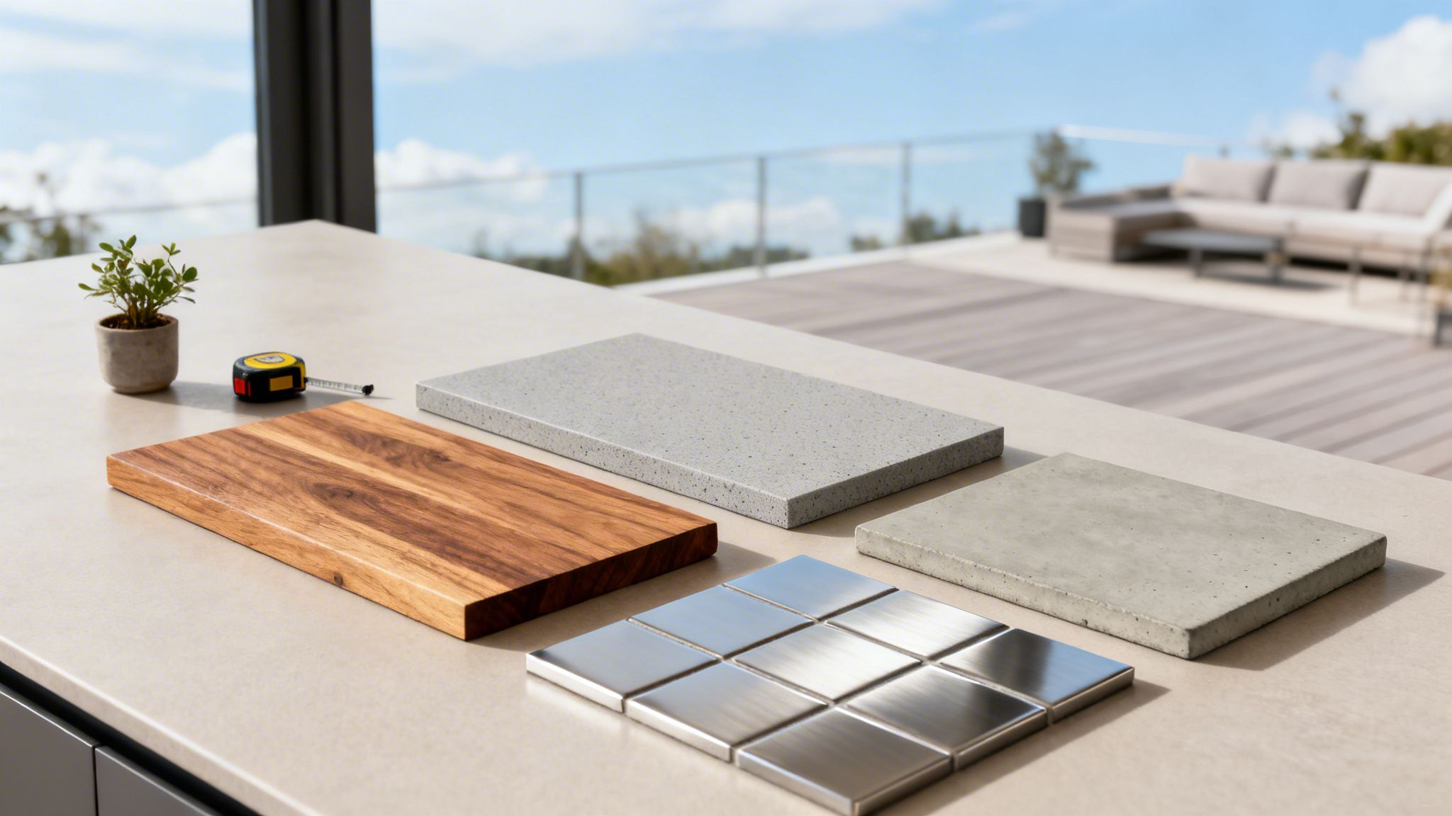 Forskellige materialeprøver som træ, grå sten og metalfliser på en lys bordplade udendørs med en smuk udsigt.