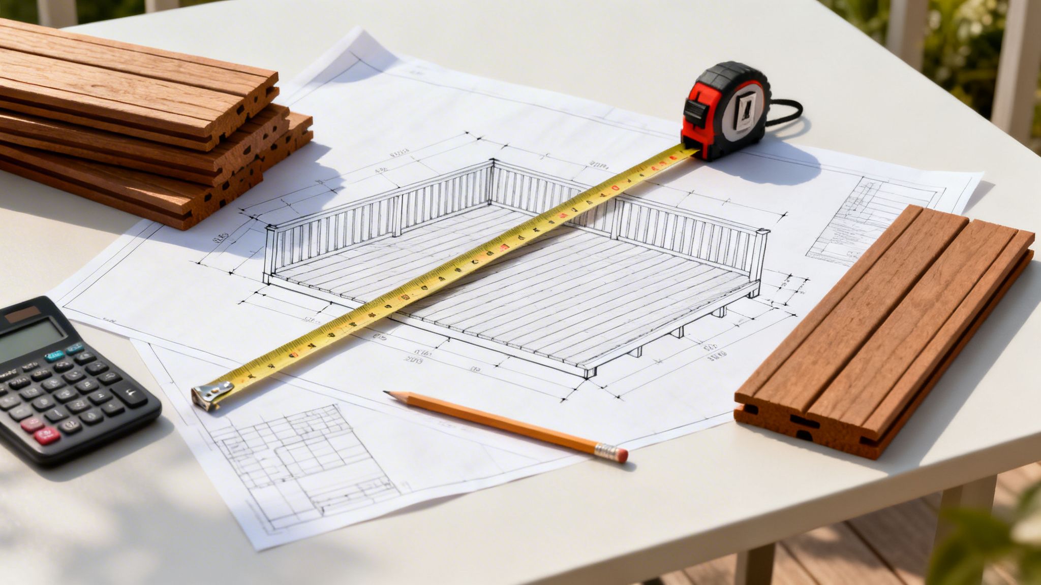 Detaljeret tegning af terrasse med målebånd, regnemaskine, blyant og træbrædder på et bord.