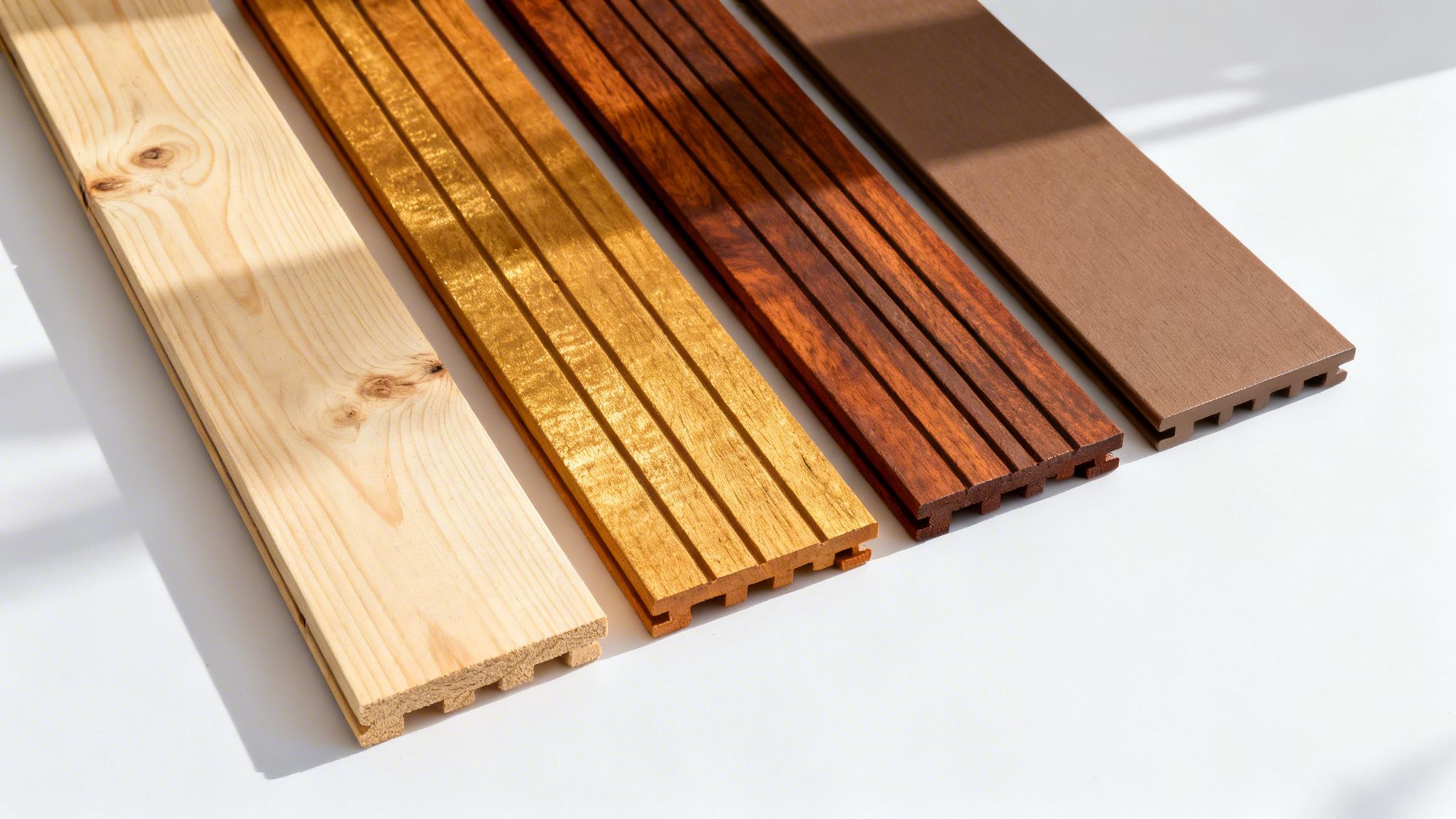 Fire forskellige typer terrassebrædder, fra lyst træ til mørkt komposit, vist på hvid baggrund med skygger.