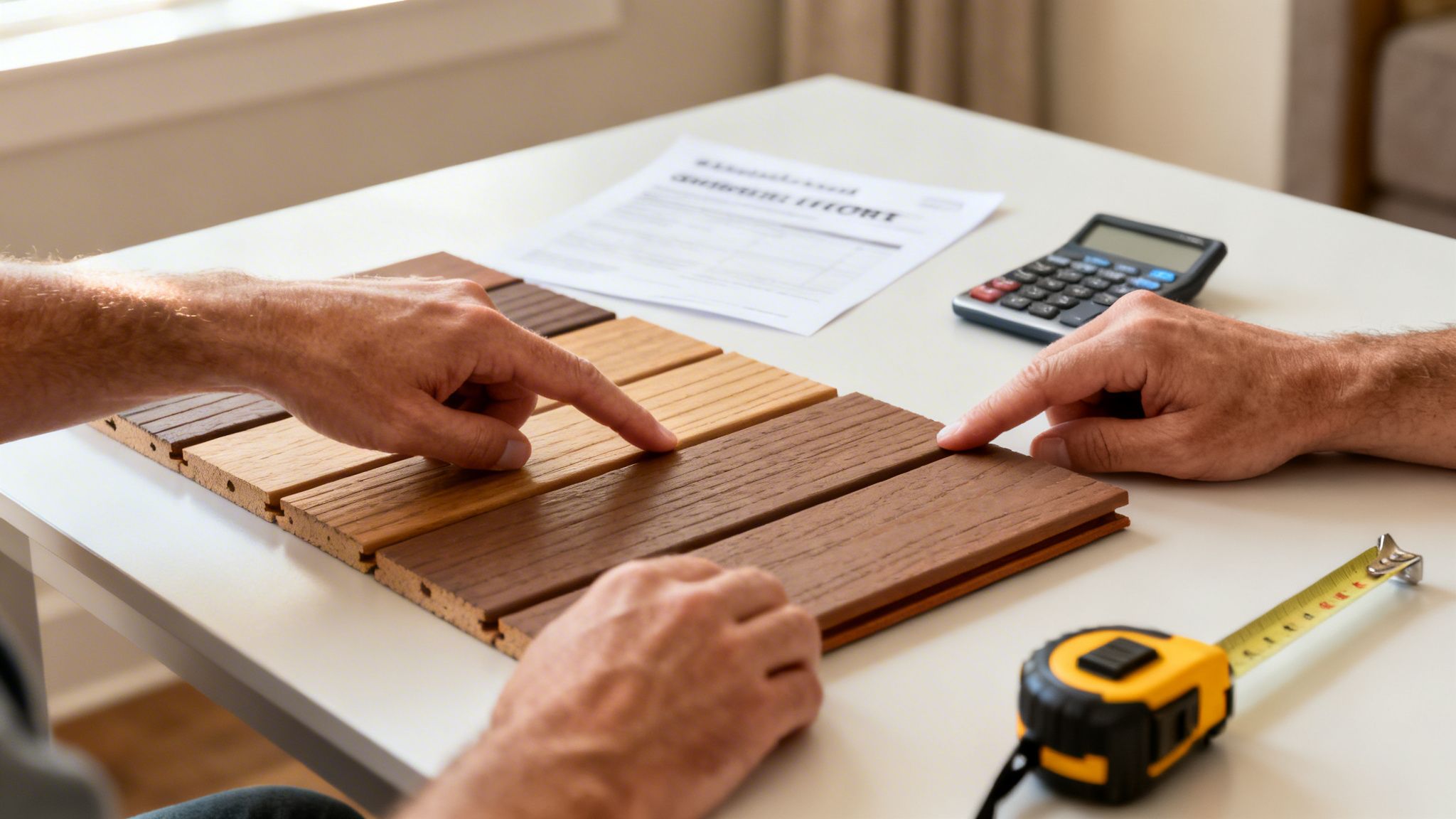 Hænder vælger mellem forskellige terrassebrædder, med lommeregner og målebånd på bordet.