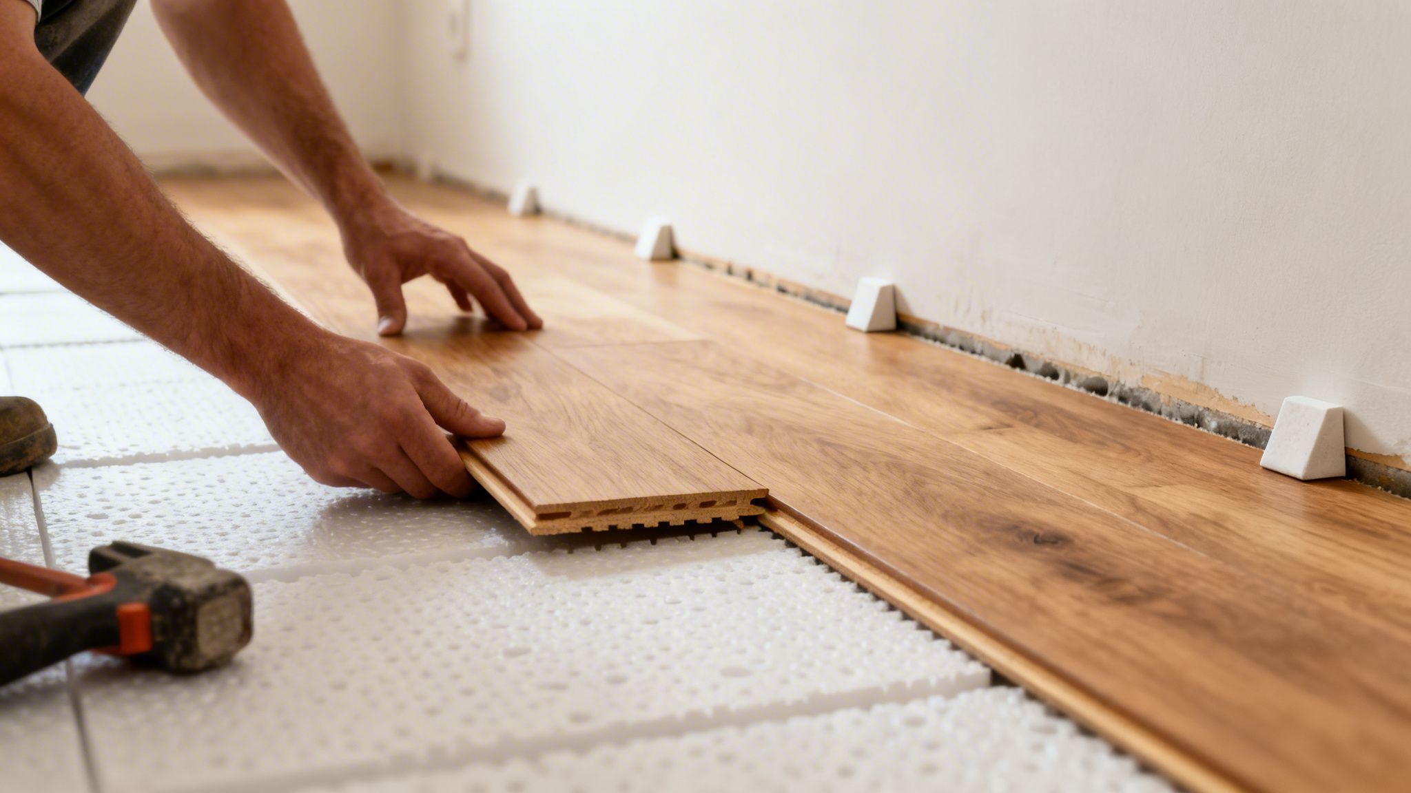 En person lægger trælaminatgulv på hvid isolering med afstandsstykker langs væggen under installation.