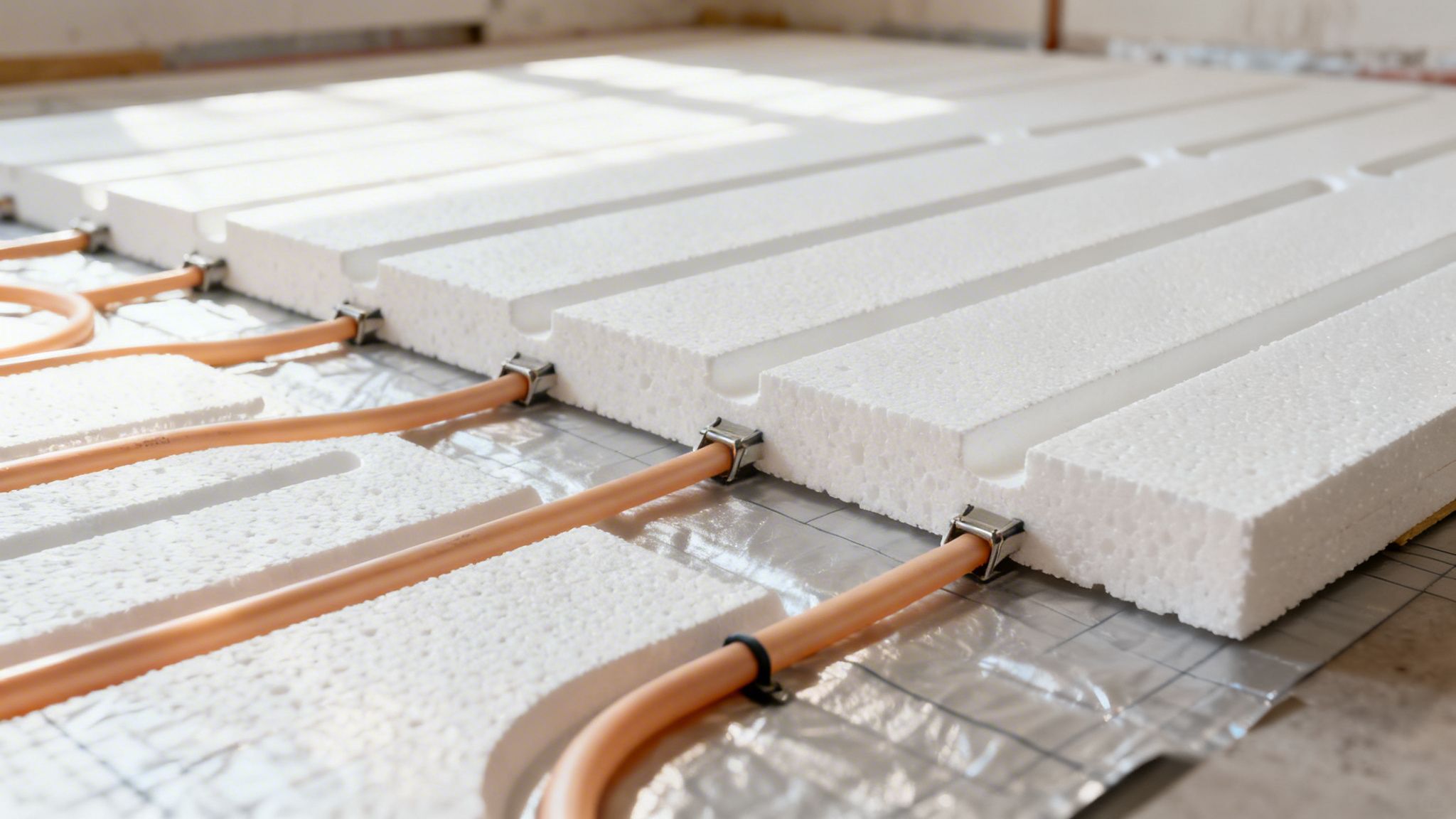 Gulvvarmerør er lagt på hvide isoleringsplader med reflekterende folie, klar til installation af et svømmende gulv.