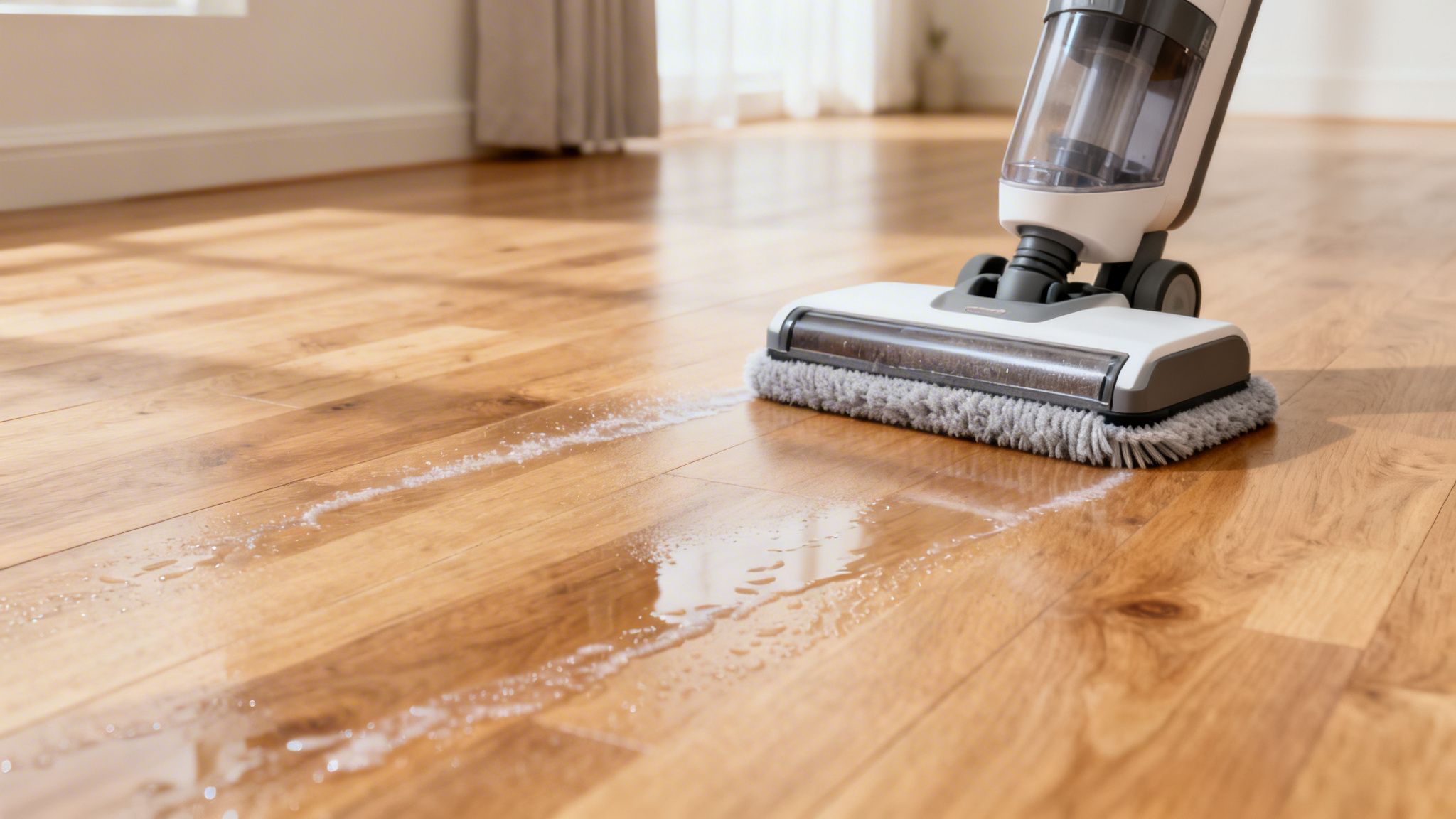 En moderne gulvvasker i aktion, der effektivt rengør et lyst trægulv og efterlader det skinnende rent.