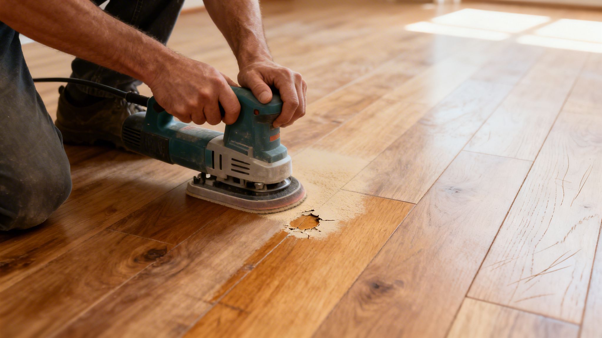 Nærbillede af en person, der sliber et trægulv med en rystepudser, reparerer et beskadiget område.