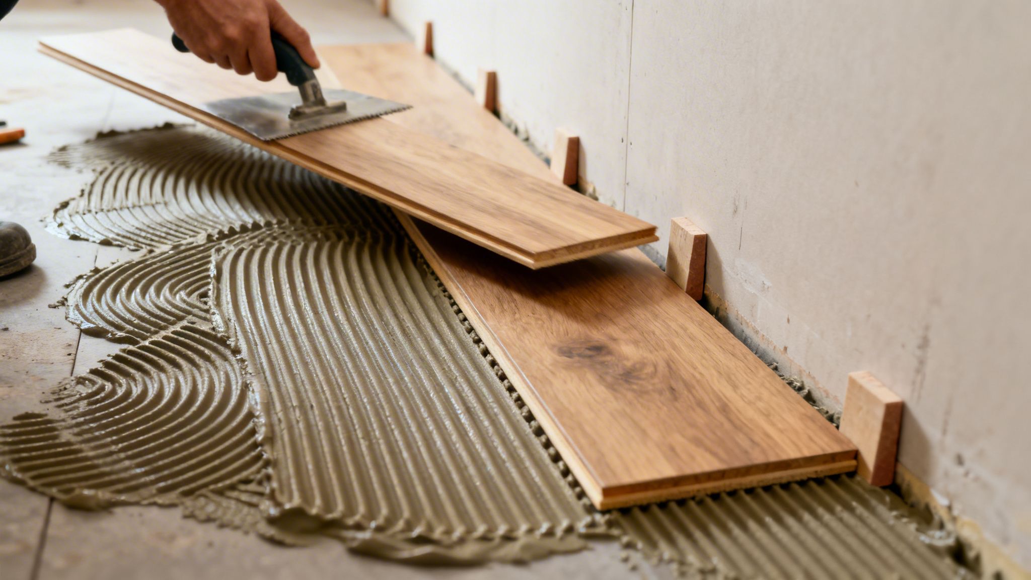 En person spreder gulvlim med en spartel, mens trægulvplanker forberedes til installation.