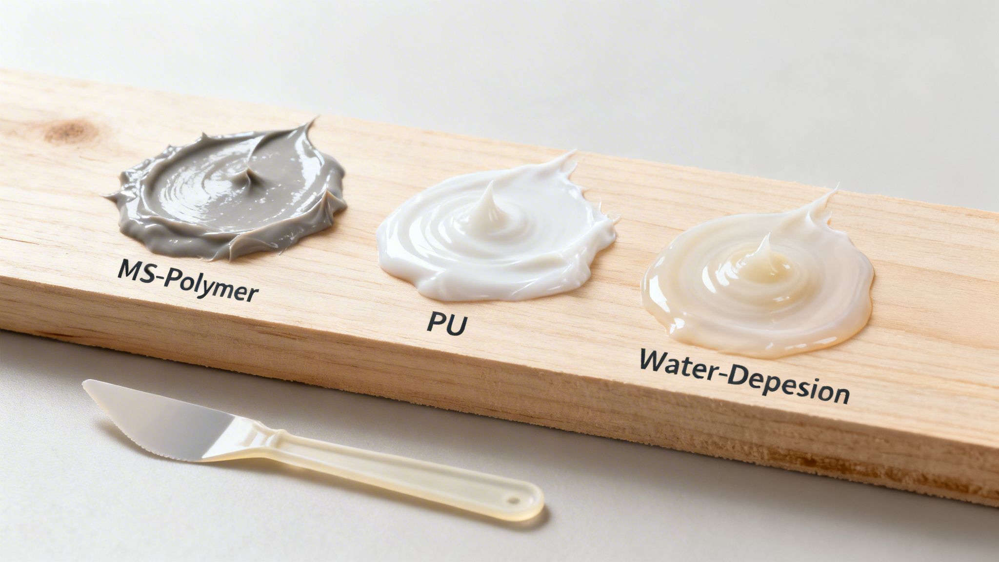Tre typer lim eller fugemasse (MS-Polymer, PU, Vand-dispersion) på et træbræt med en spartel.