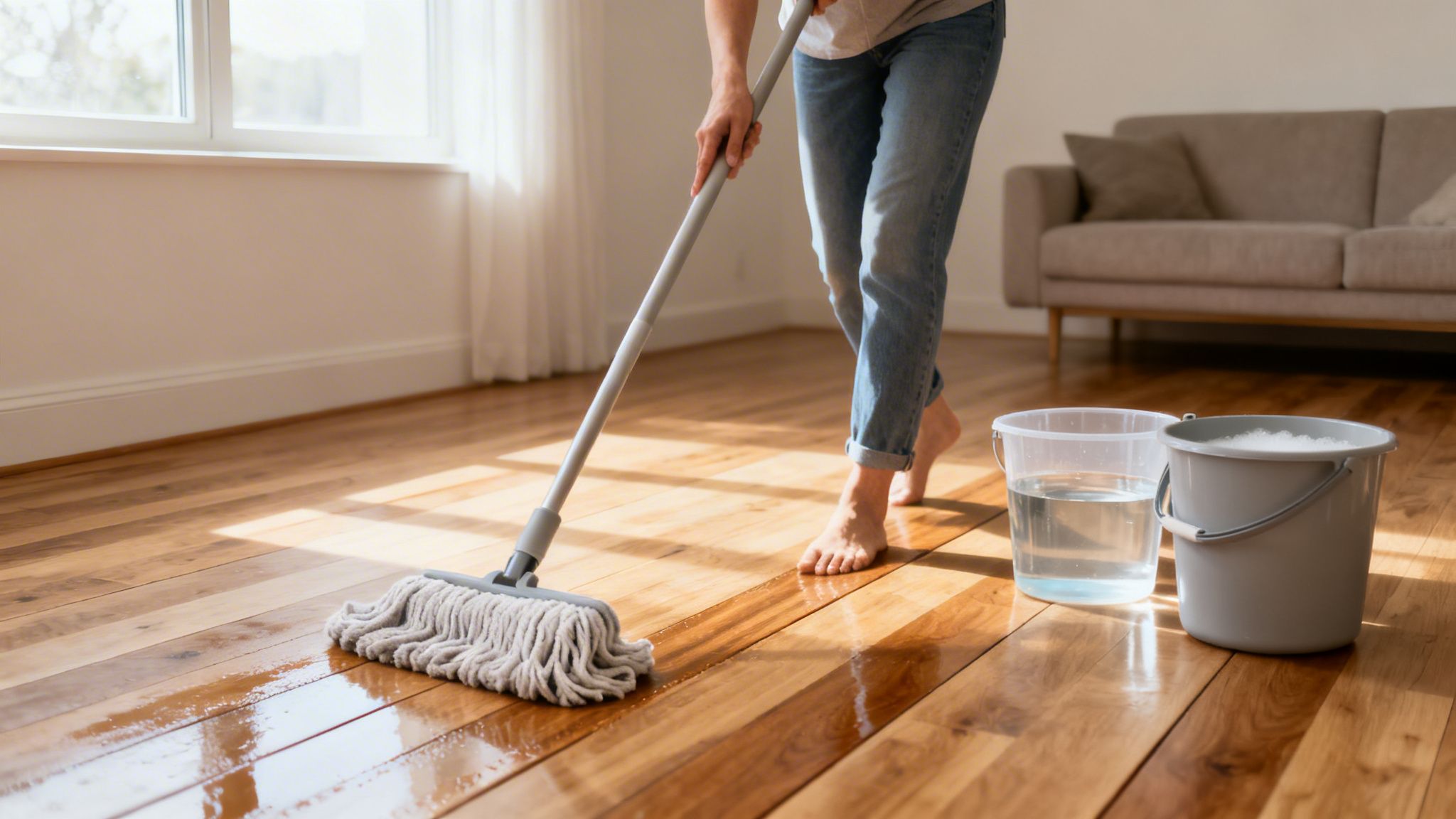 Nærbillede af en person, der mopper et skinnende trægulv med to spande ved siden af.