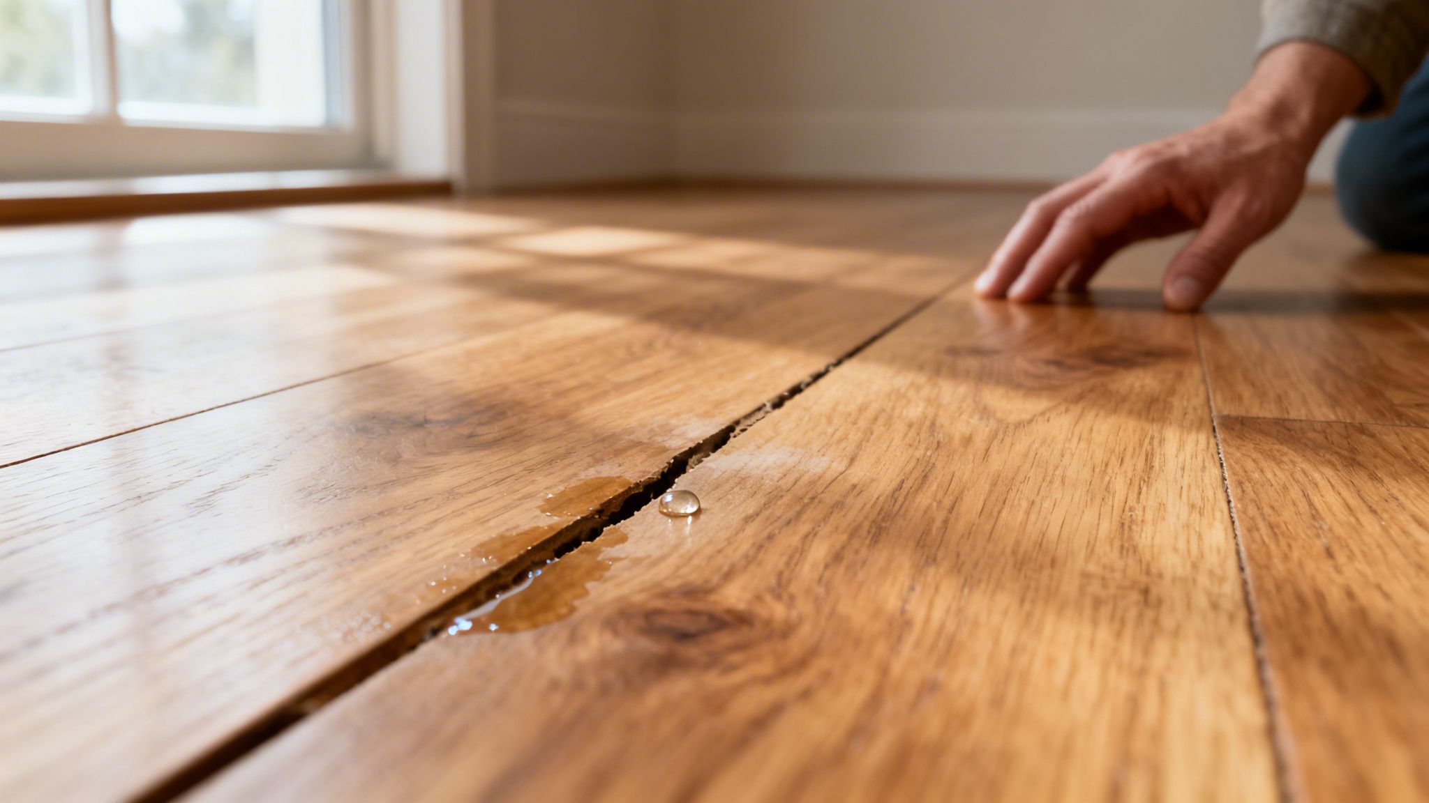 Nærbillede af en mands hånd ved et beskadiget trægulv med en revne og spildt vand.