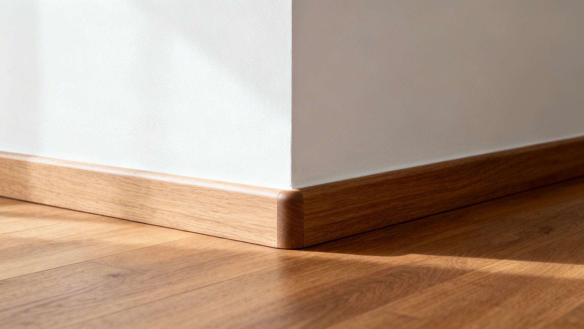 Hjørne af et rum med hvide vægge, lyse trægulve og matchende fodpaneler i hårdttræ.