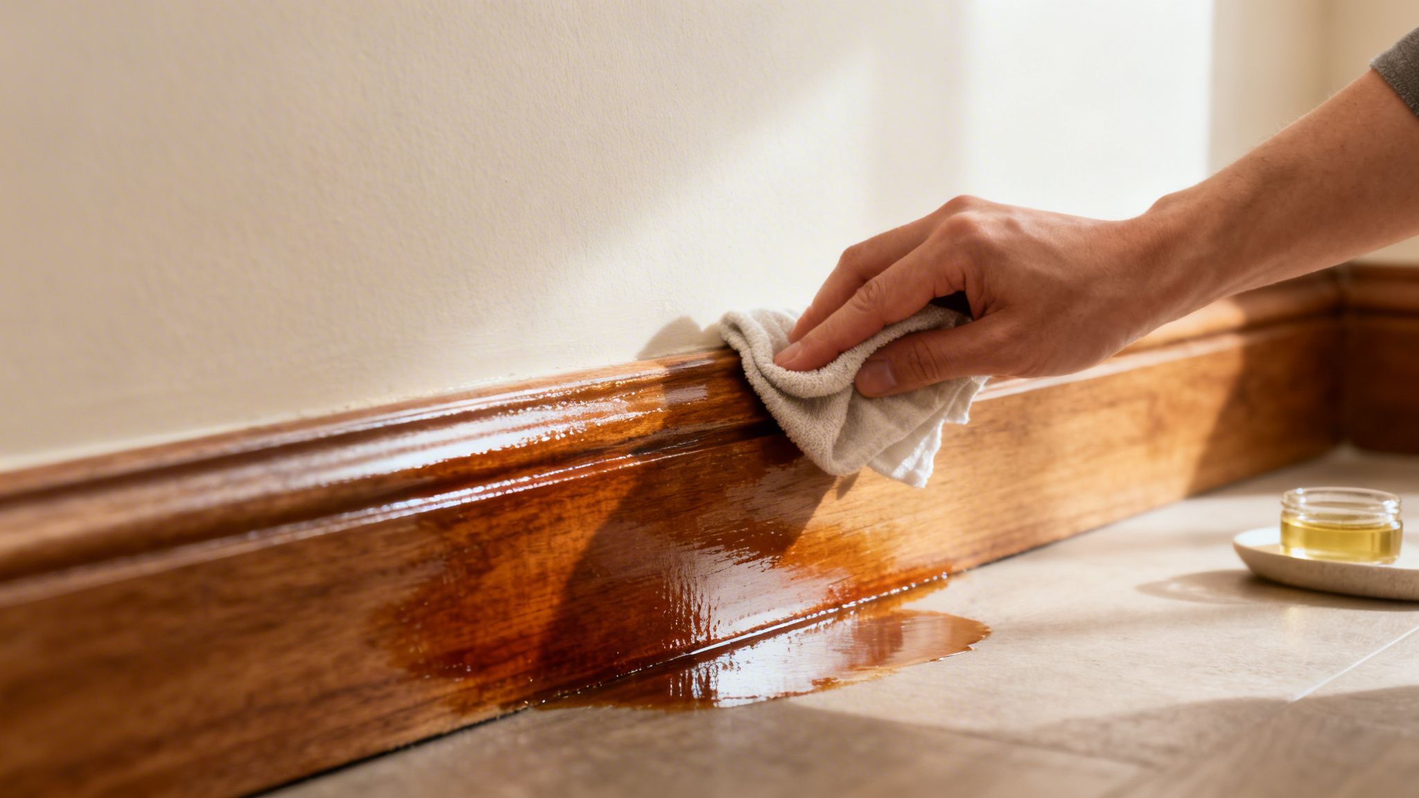 En hånd tørrer mørke træpaneler af med en klud, hvor en olieagtig væske er spildt på gulvet.