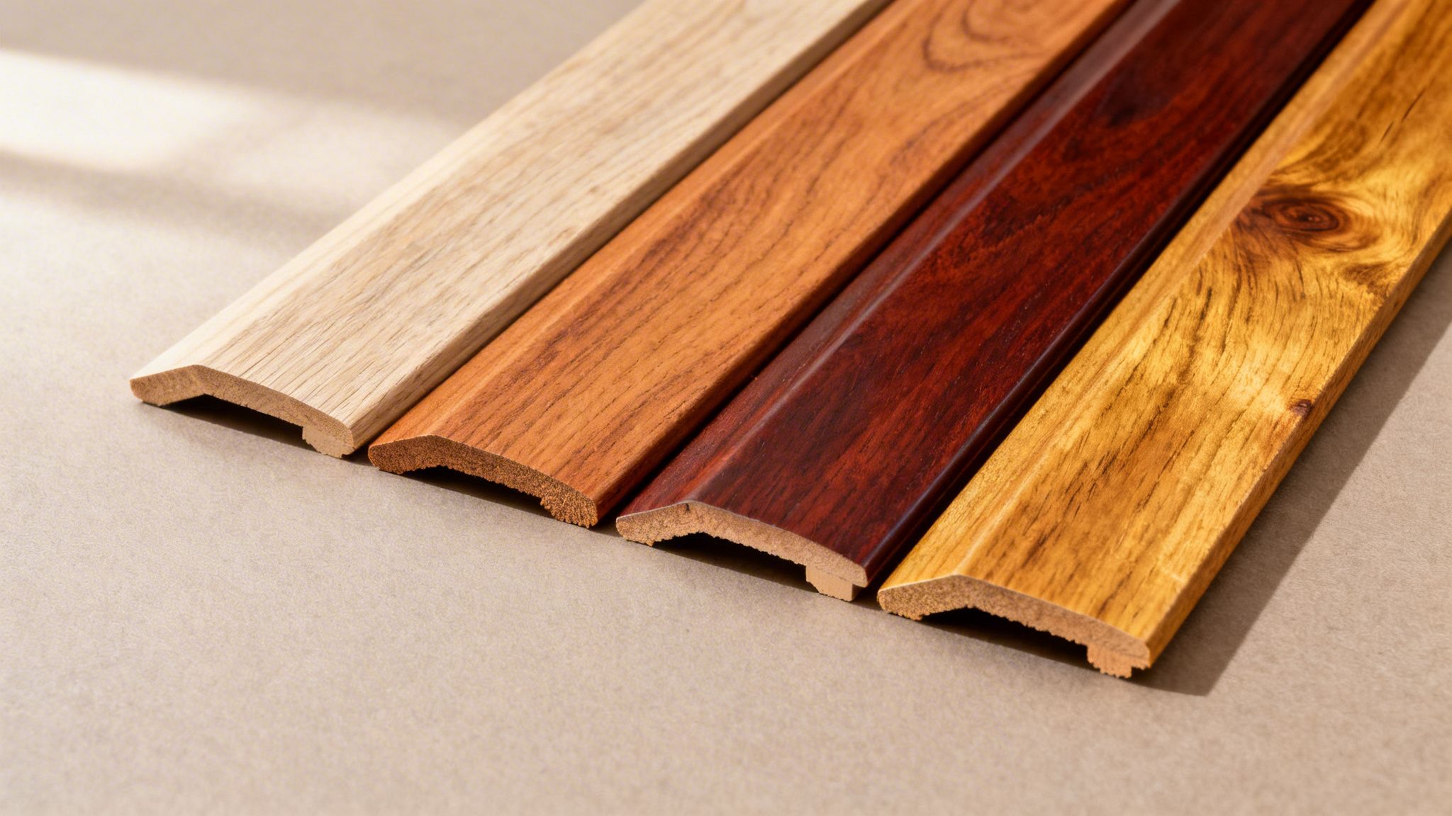 Fire trælister i forskellige træsorter og farver, liggende diagonalt på en lys baggrund.