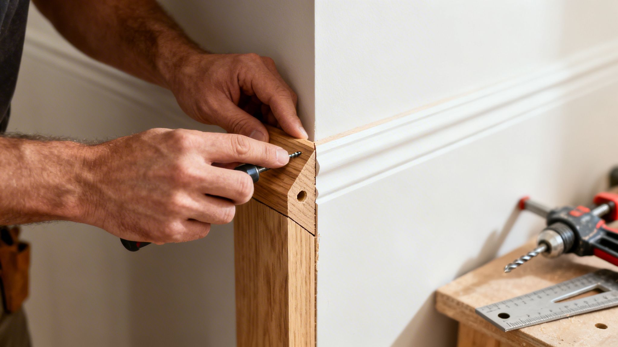 Håndværker borer i en træliste ved en hvid væg, monterer hjørneprofil.