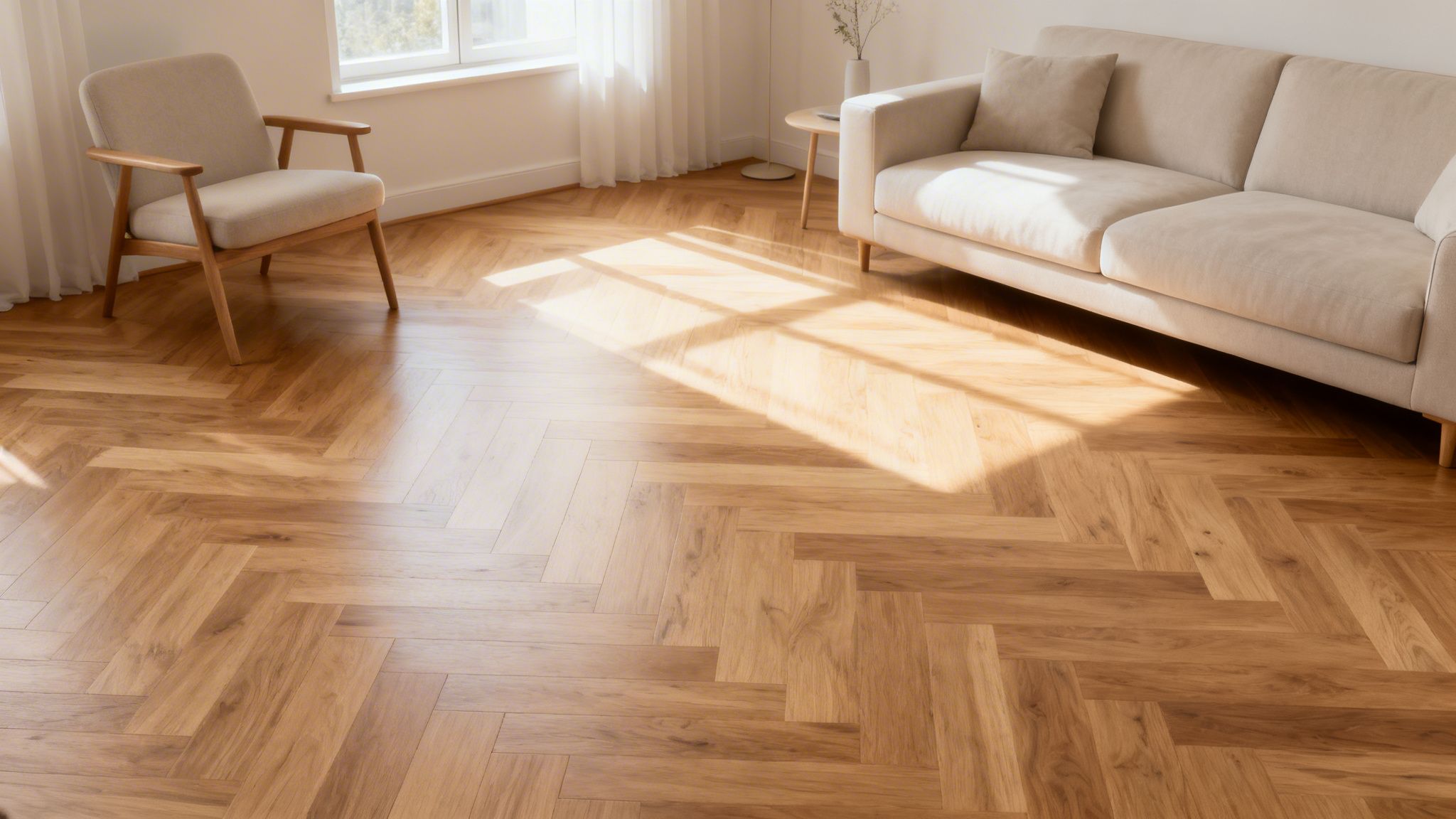 Lyst rum med sildebensparket i eg, beige lænestol og sofa, oplyst af sollys fra vinduet.