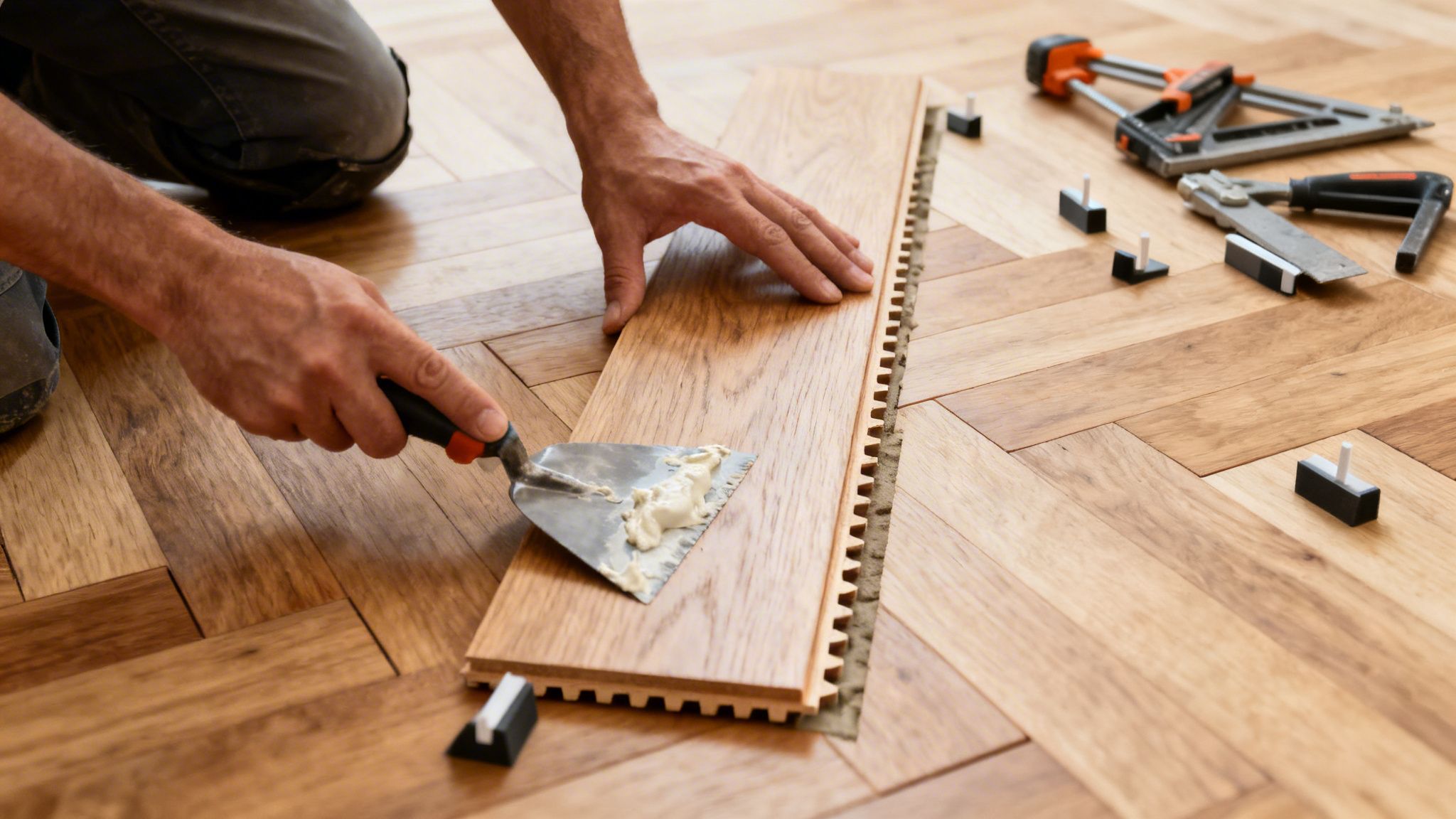 Håndværker installerer sildebensparket i træ med klæbemiddel og spartel på et trægulv.