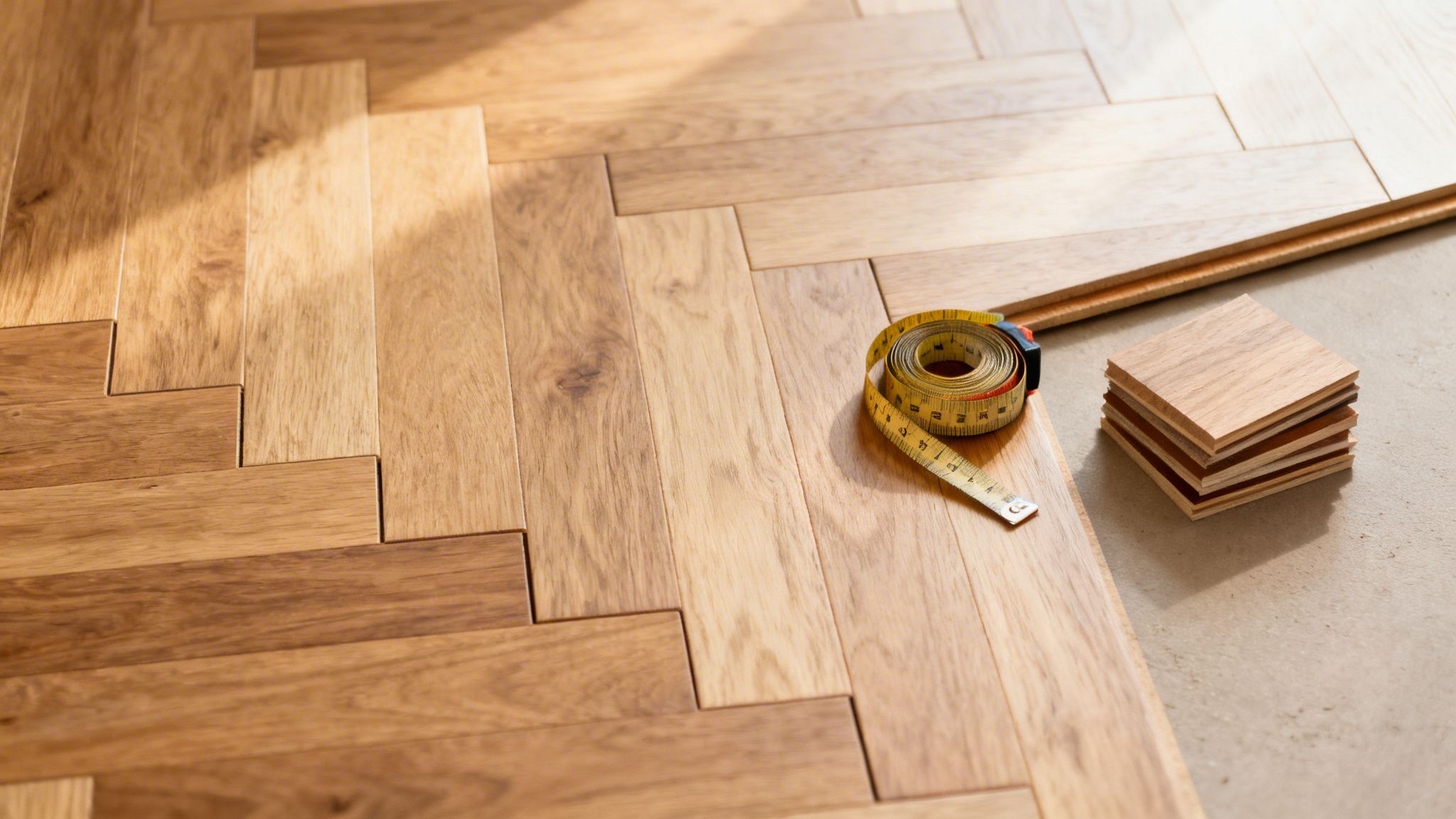 Et nærbillede af et smukt sildebensparket i massiv eg under installation, komplet med et målebånd og træprøver.