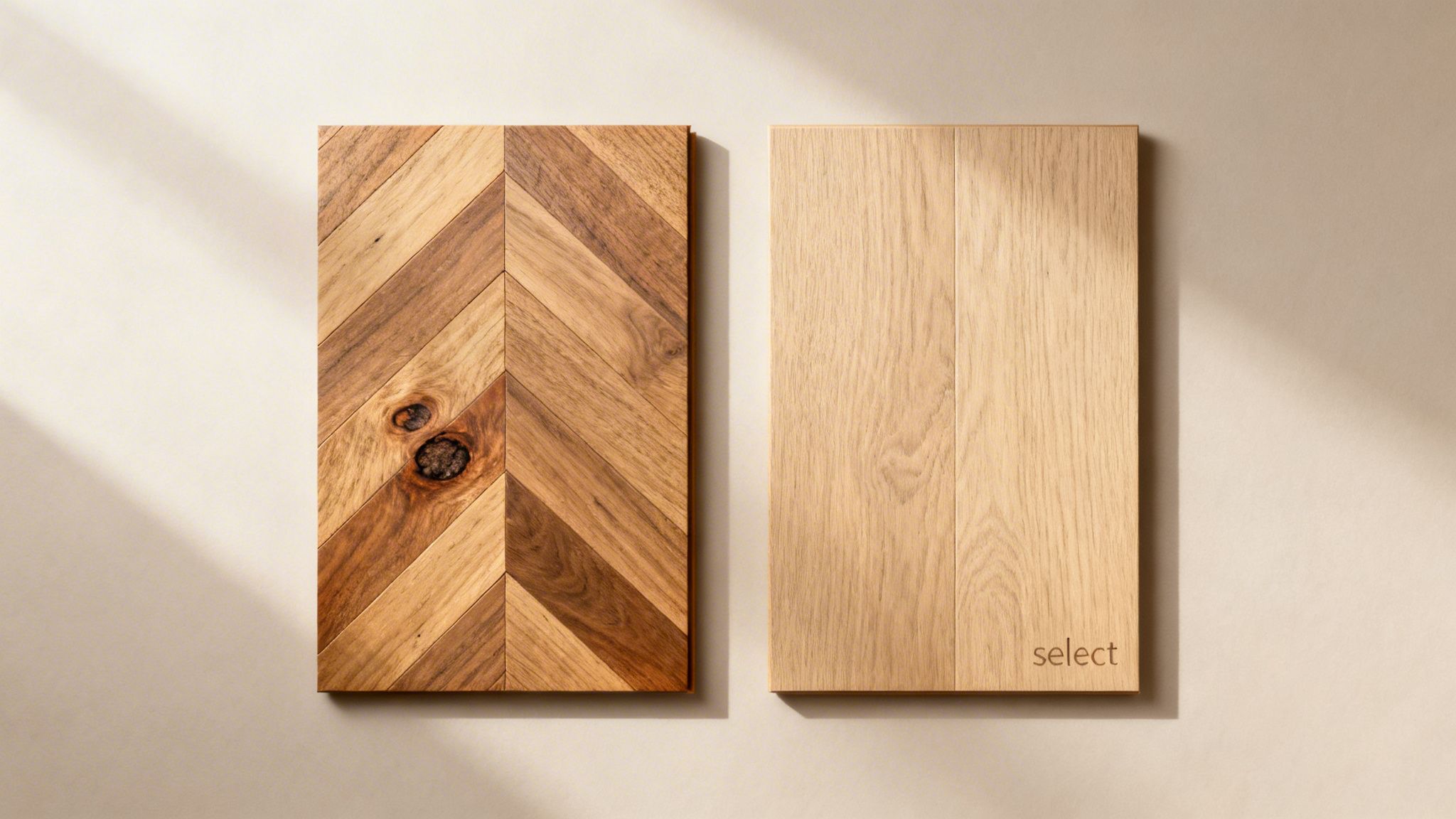 To trægulvsprøver, en i mørk sildebensparket med knaster og en i lys natur eg med teksten 'select'.