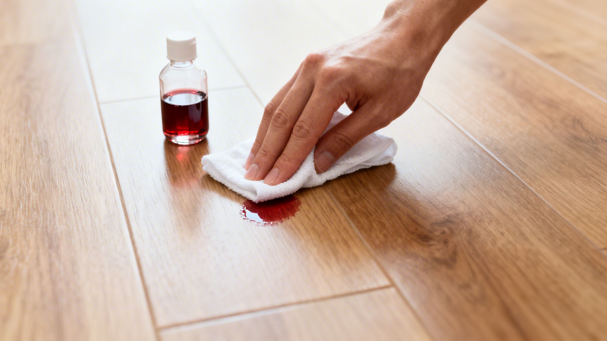 En hånd tørrer et rødt spild af et laminatgulv med en hvid klud; en flaske med rød væske står ved siden af.