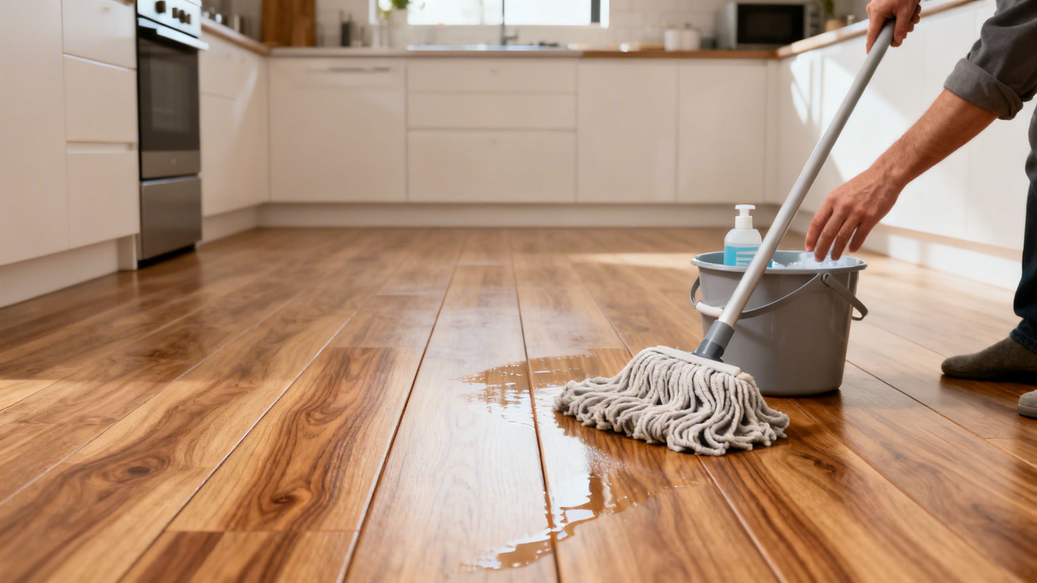 En person mopper et laminatgulv i et moderne køkken med spand og rengøringsmiddel.