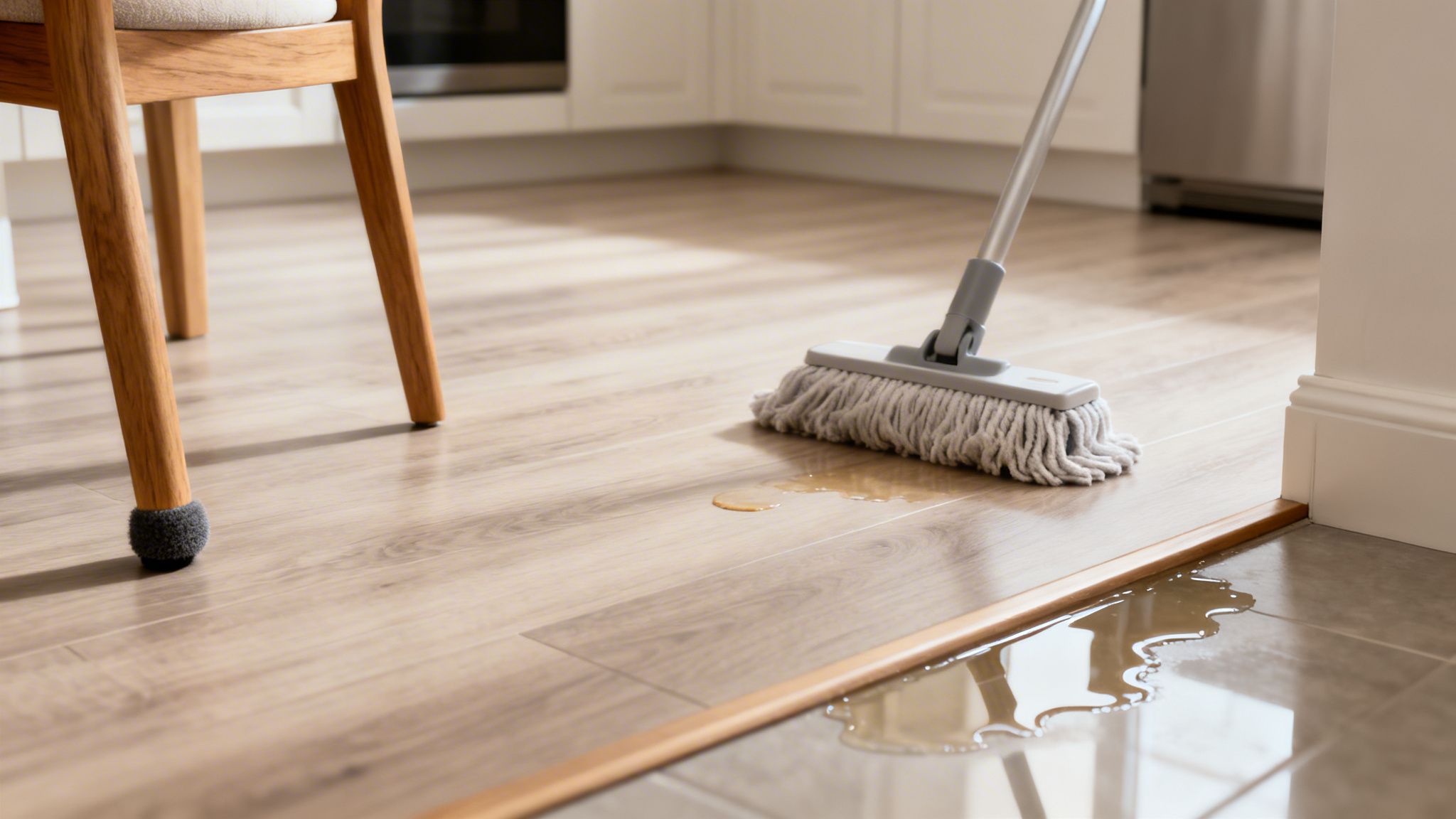 Laminatgulv i køkken med spild, der tørres op med en moppe.