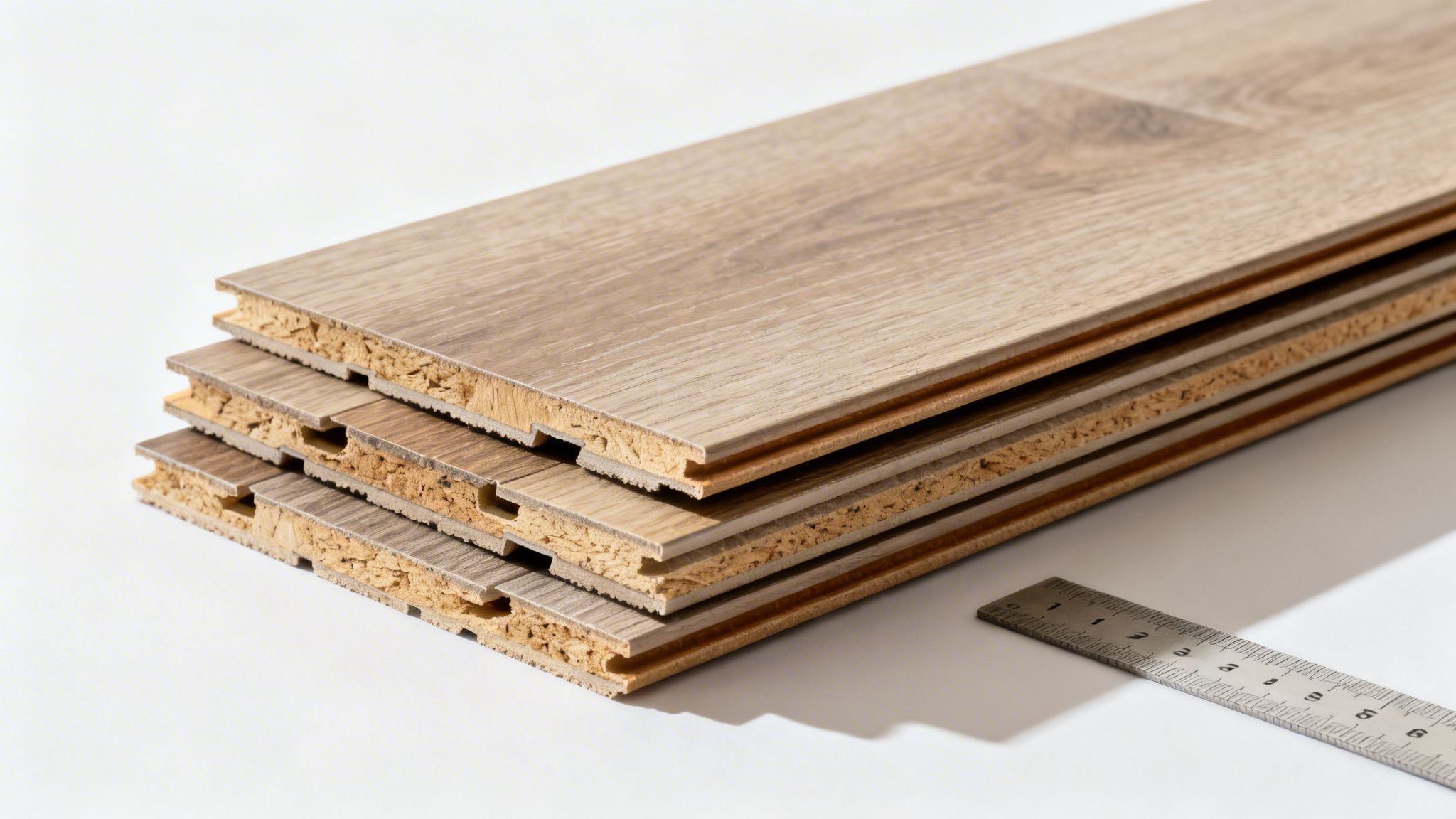 Et nærbillede af et stabel laminatgulvplanker, der viser lagene og deres kliksystem, med en lineal ved siden af.