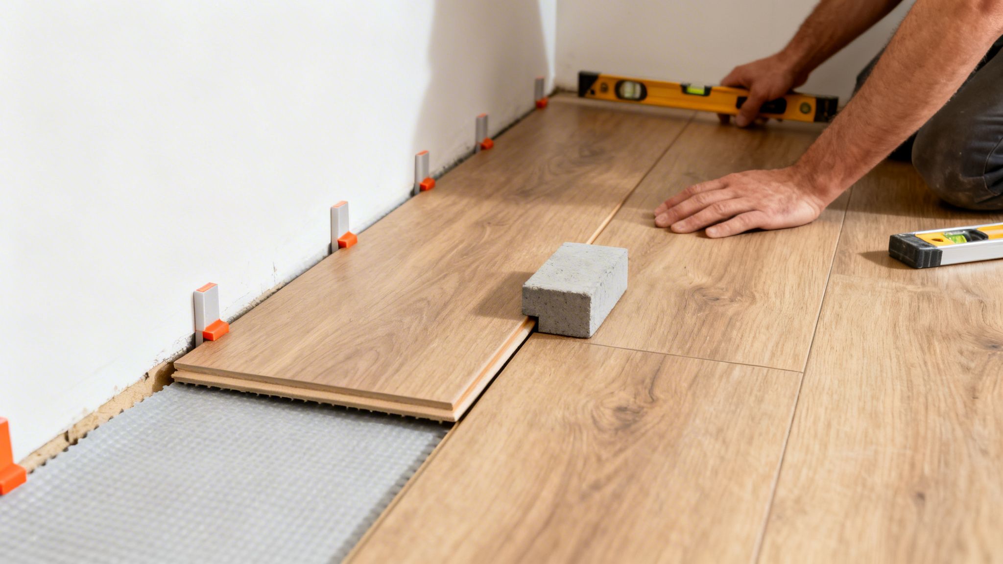 Person lægger laminatgulv i et rum, bruger afstandsstykker og vaterpas til præcis installation.