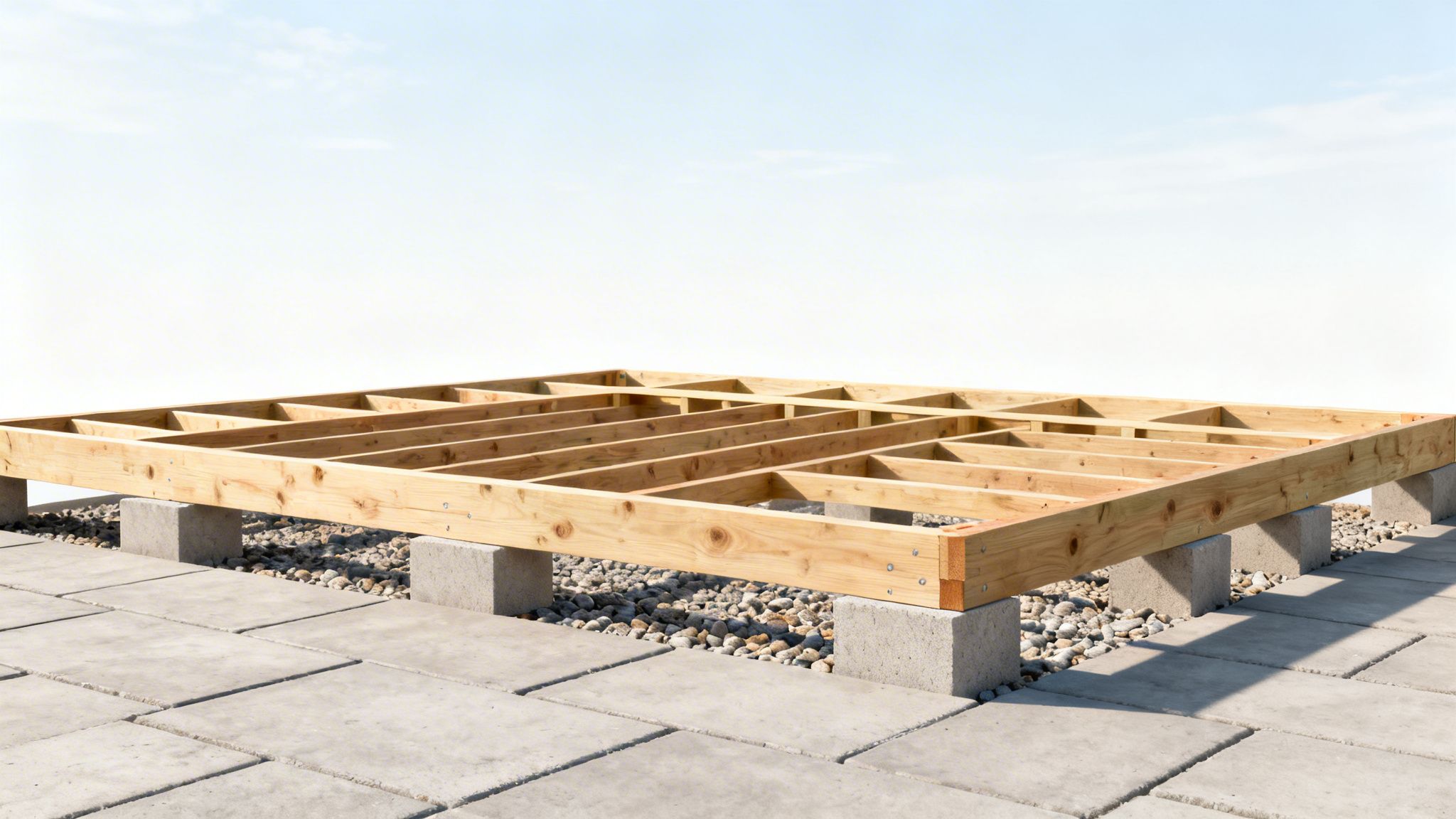 Træramme til en udendørs konstruktion, placeret på betonblokke over grus og fliser.