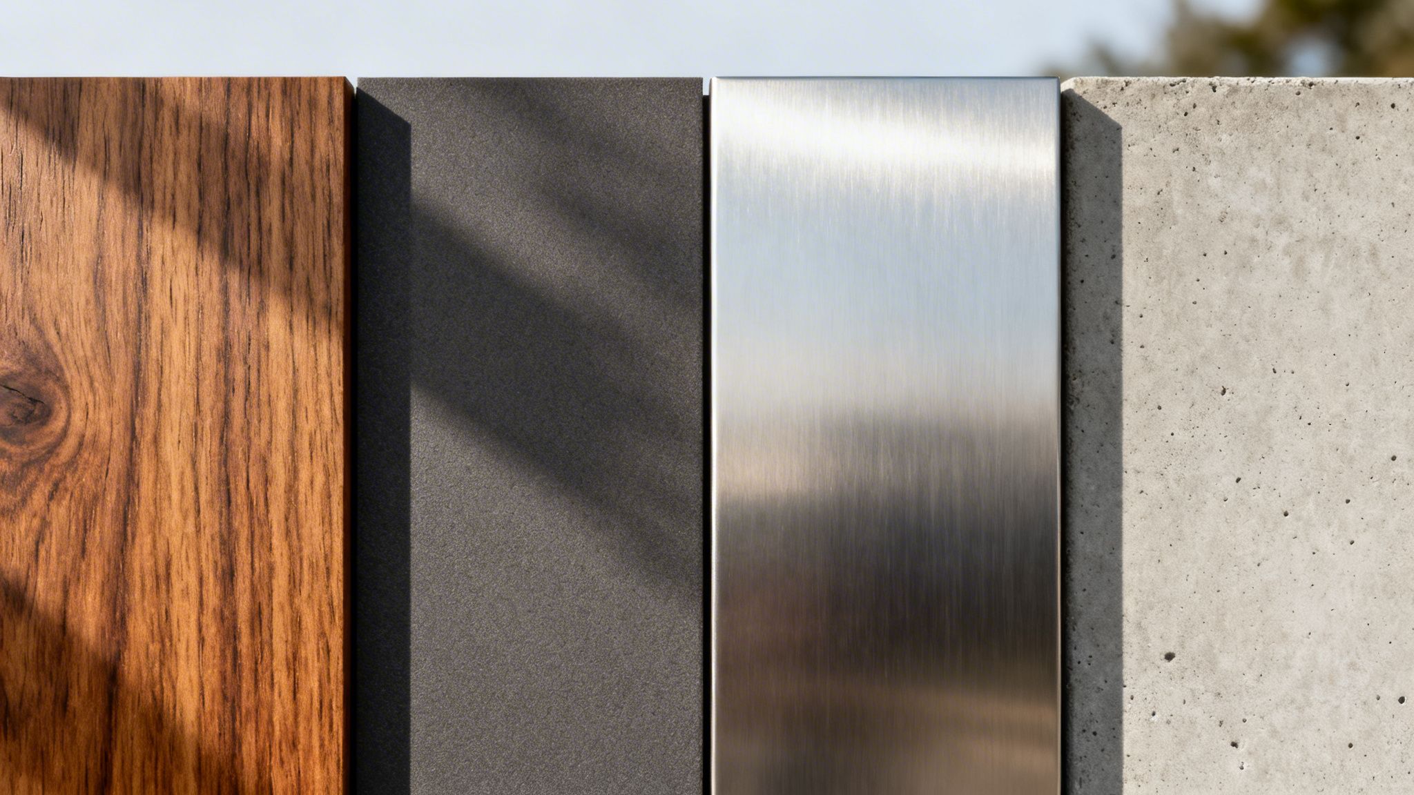 Et nærbillede af fire forskellige materialepaneler: træ, mørkt komposit, børstet metal og beton, med skygger.