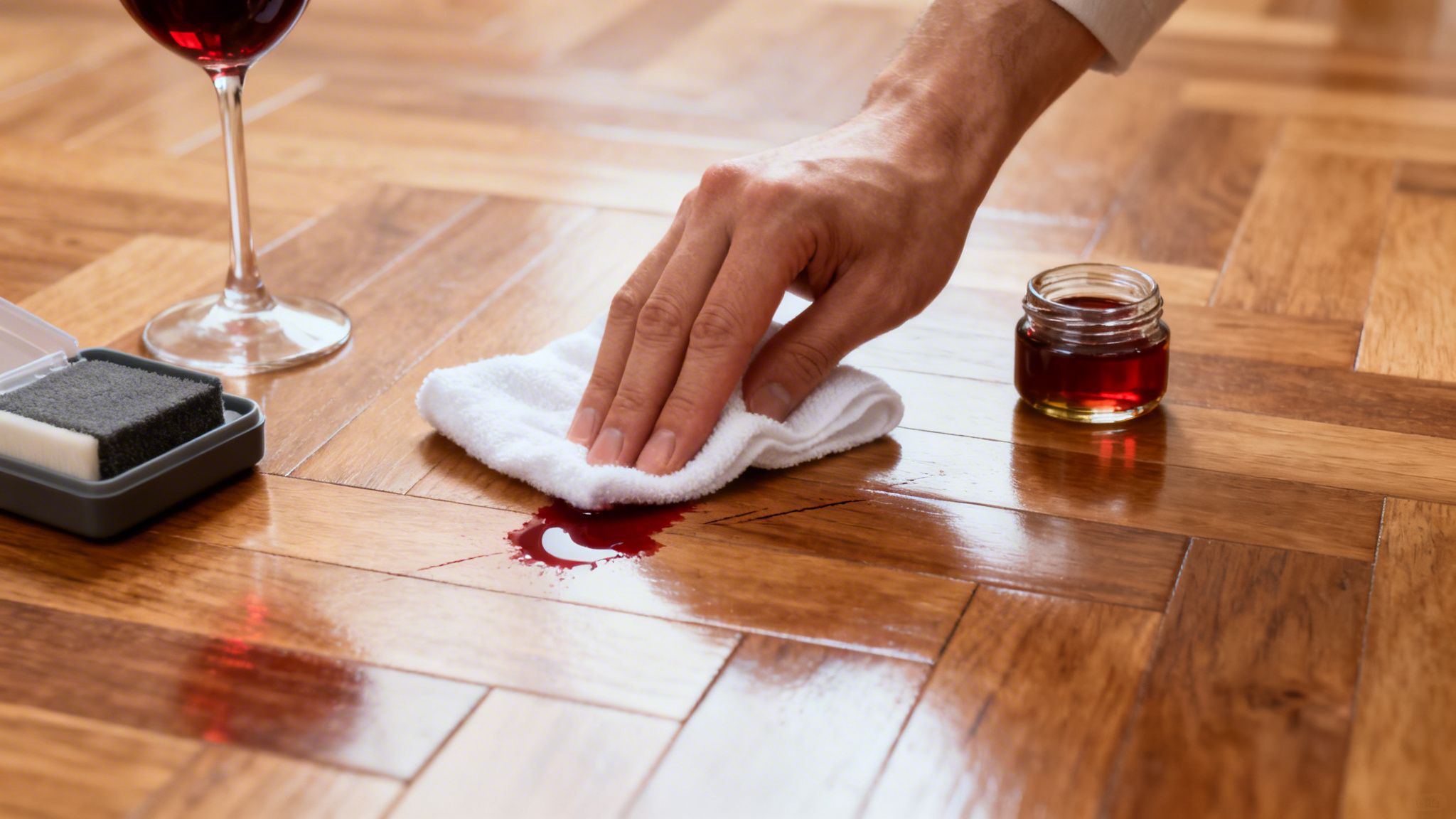 En hånd tørrer spildt rødvin op fra et parketgulv med en hvid klud, med et vinglas og rengøringsmiddel i nærheden.