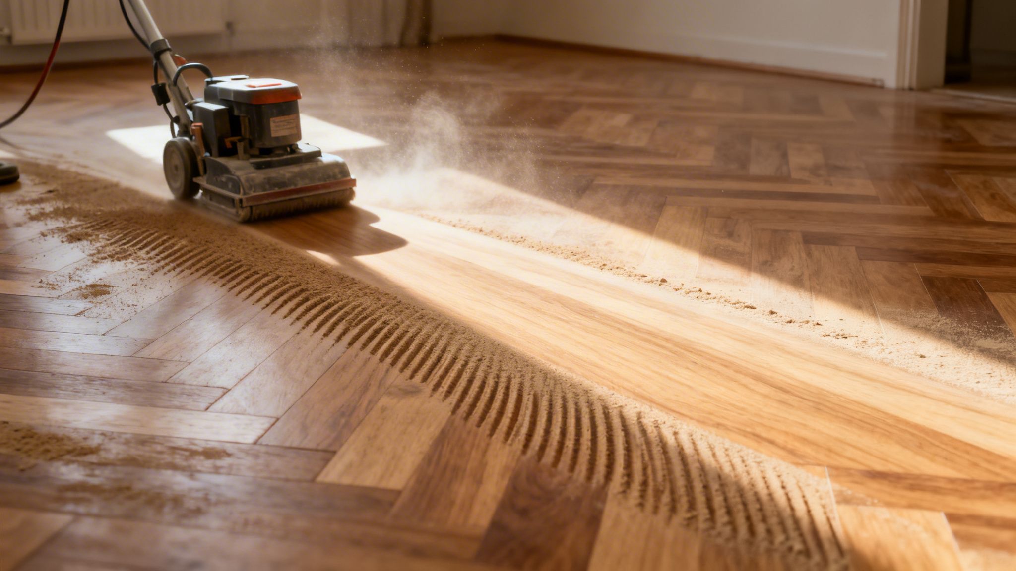 Billede af en gulvsliber, der fjerner gammel lak fra et parketgulv, med støv i sollys.