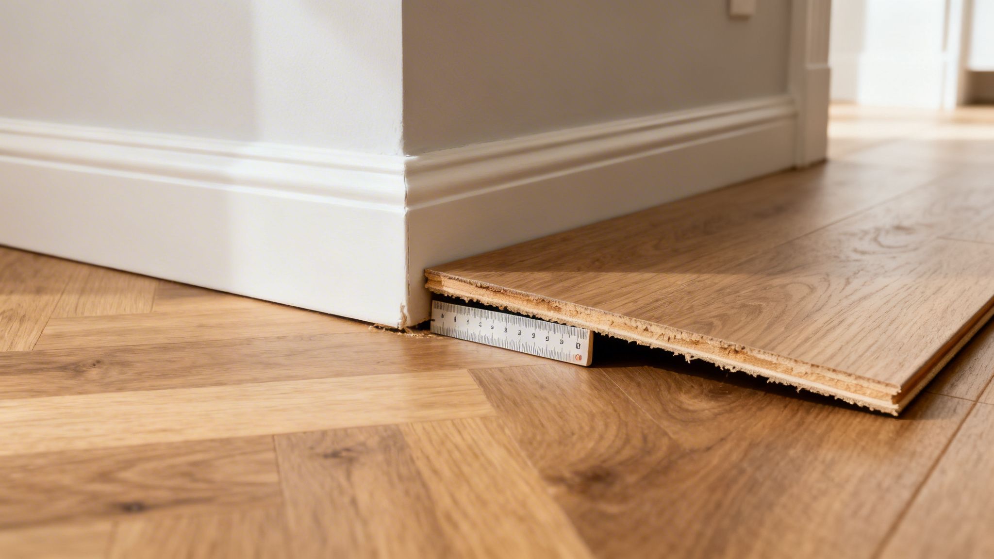 Nyt trægulv måles med en lineal mod en hvid fodliste og væg, klar til montering.