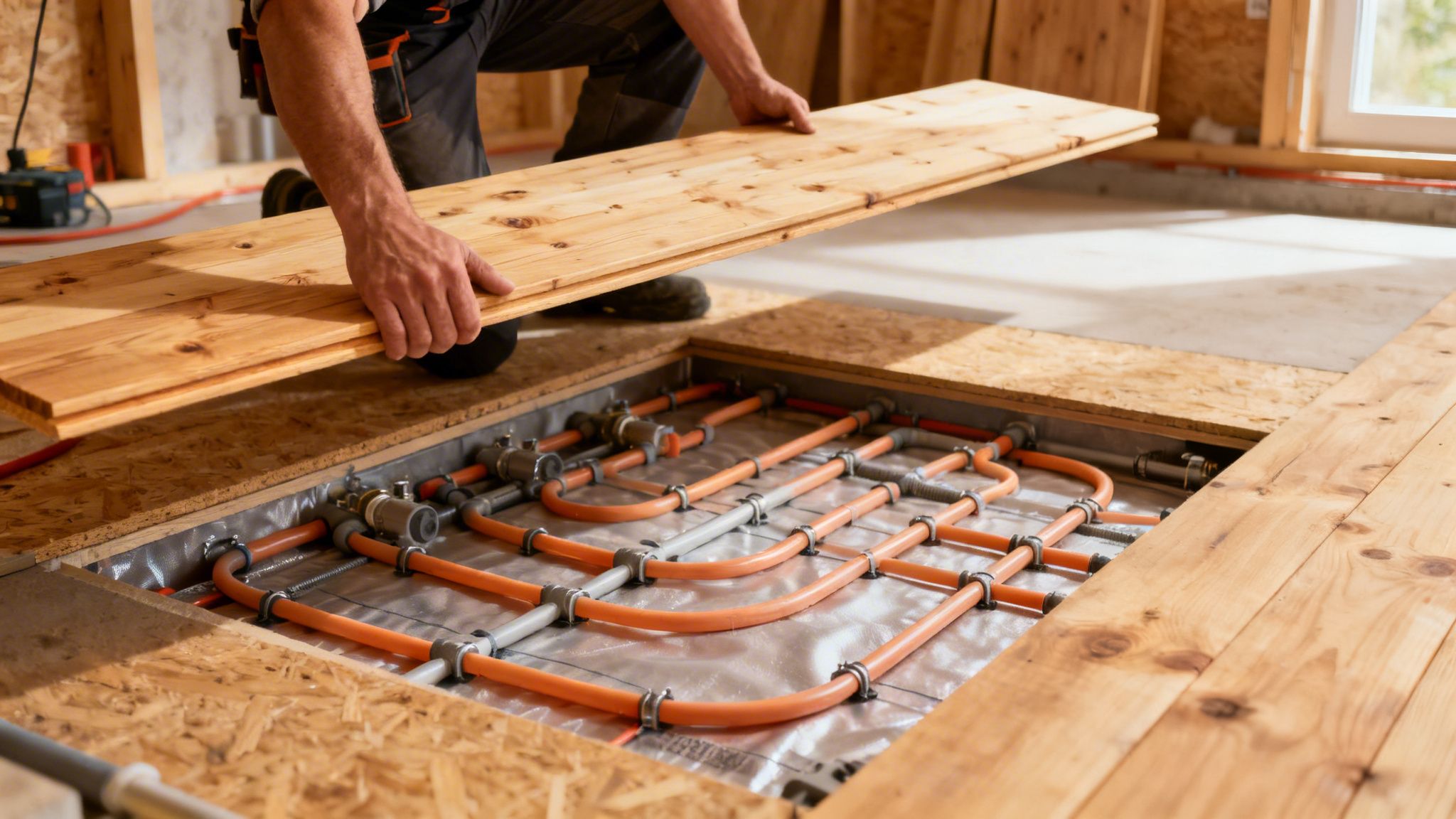 Håndværker lægger nye pitch pine gulvbrædder og afslører gulvvarmeinstallationen under trægulvet.