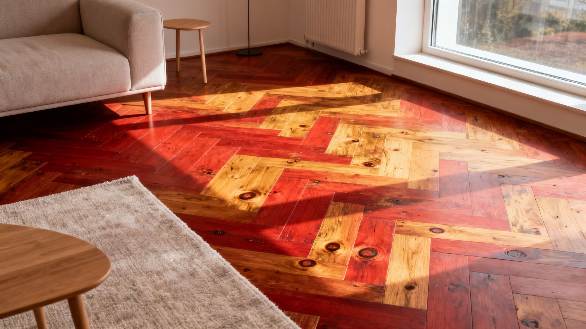 En hyggelig stue med et iøjnefaldende sildebensgulv i røde og lyse trænuancer, belyst af sollys.