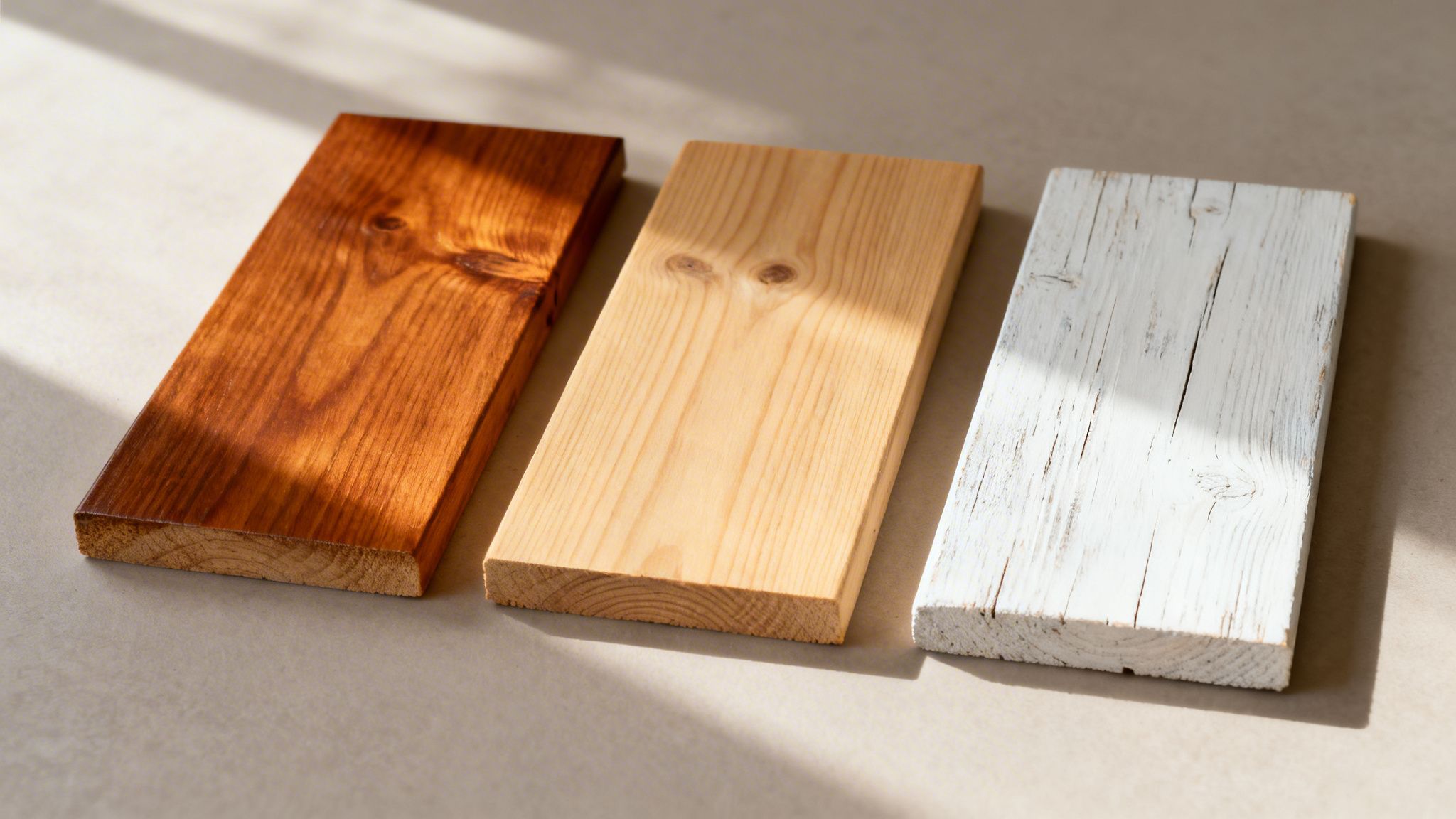 Tre træplanker med forskellige behandlinger: bejdset, naturligt og hvidvasket, på en lys baggrund.