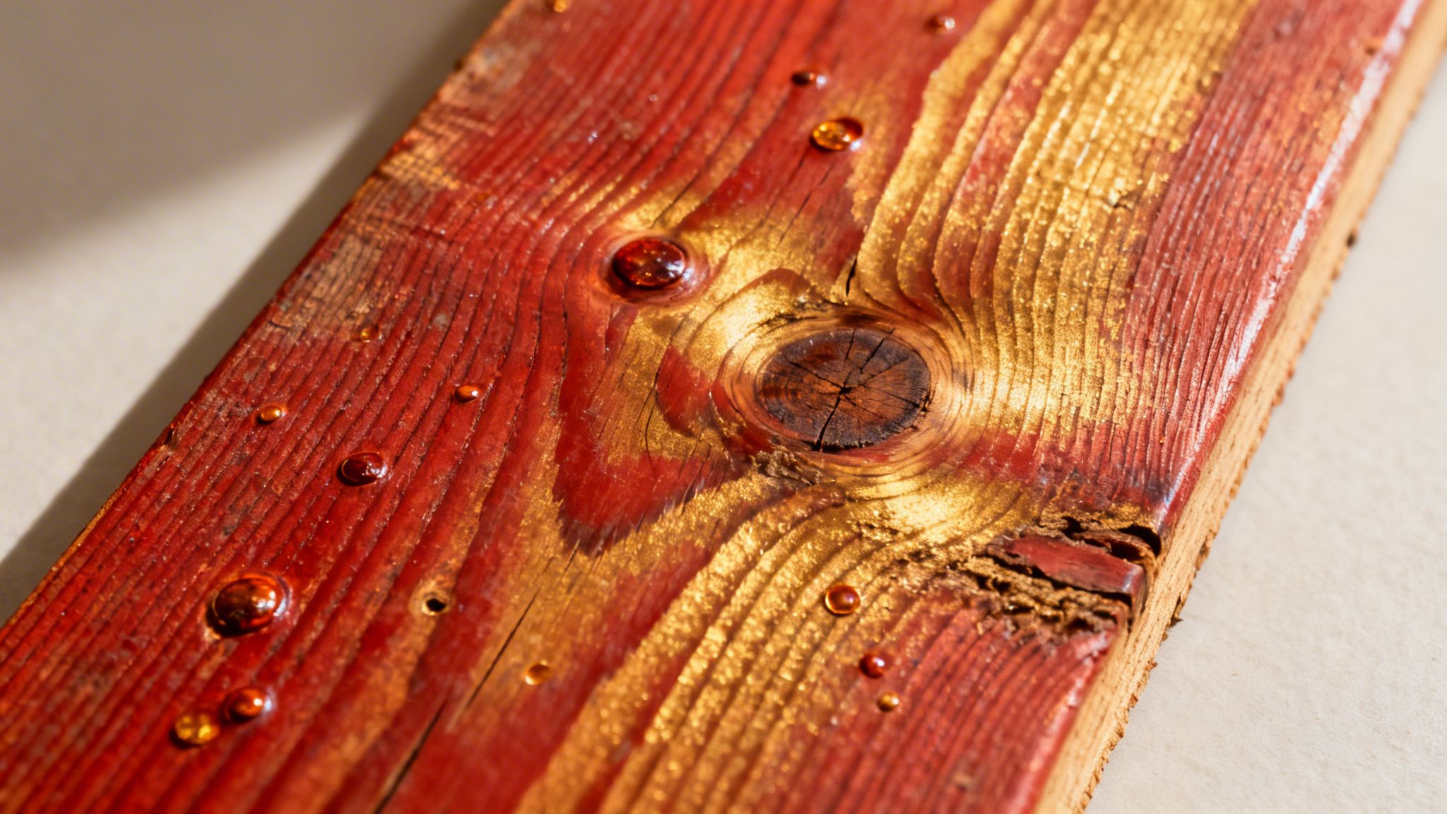 Detalje af rødt træbræt med glimtende guld, knude og glitrende harpiksdråber på overfladen.