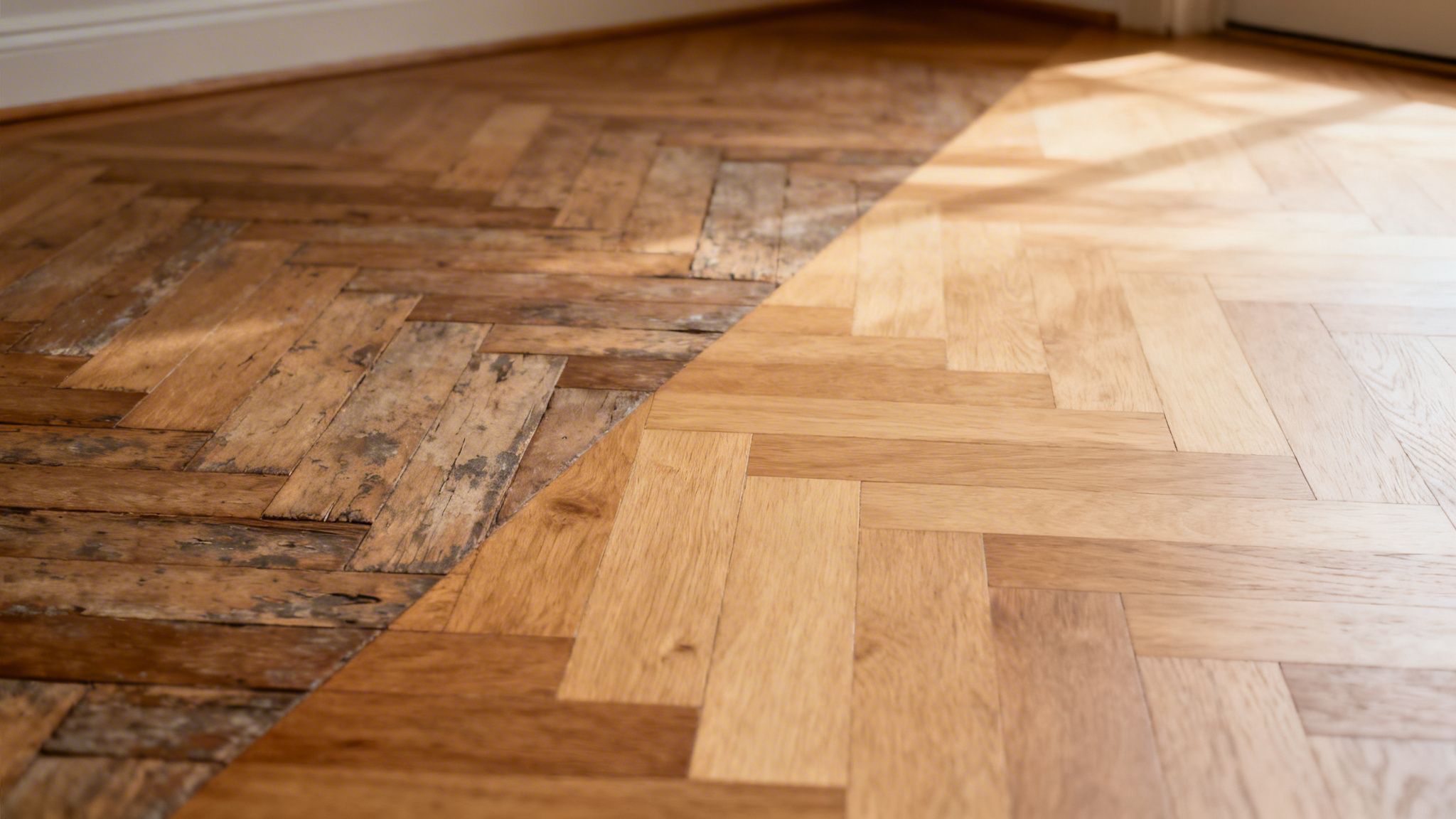 Et billede der viser forskellen mellem et gammelt, slidt sildebensparketgulv og et nyslebet og lakeret gulv.