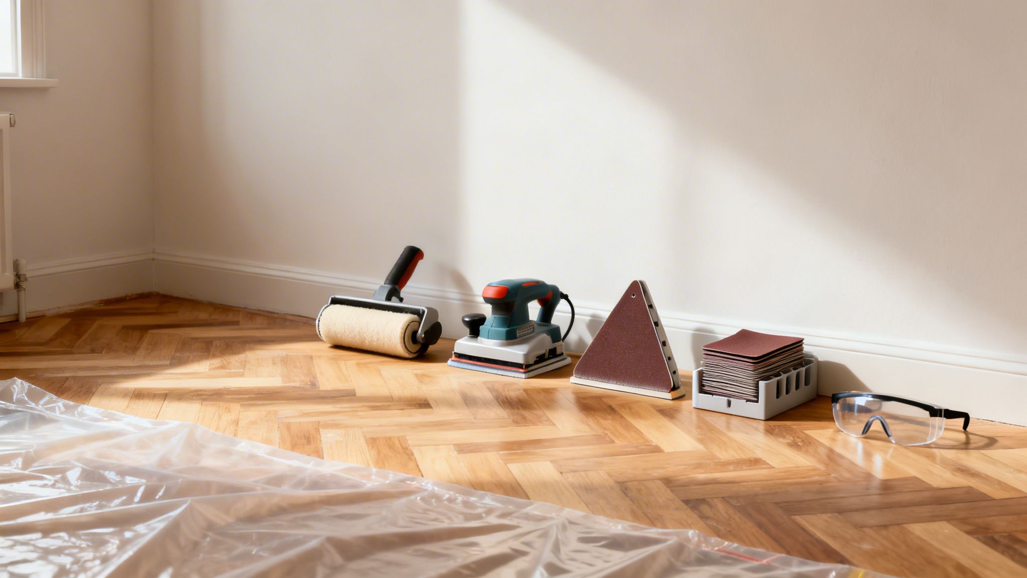 Slibeværktøj og sikkerhedsbriller klar til renovering af et trægulv i et lyst rum.
