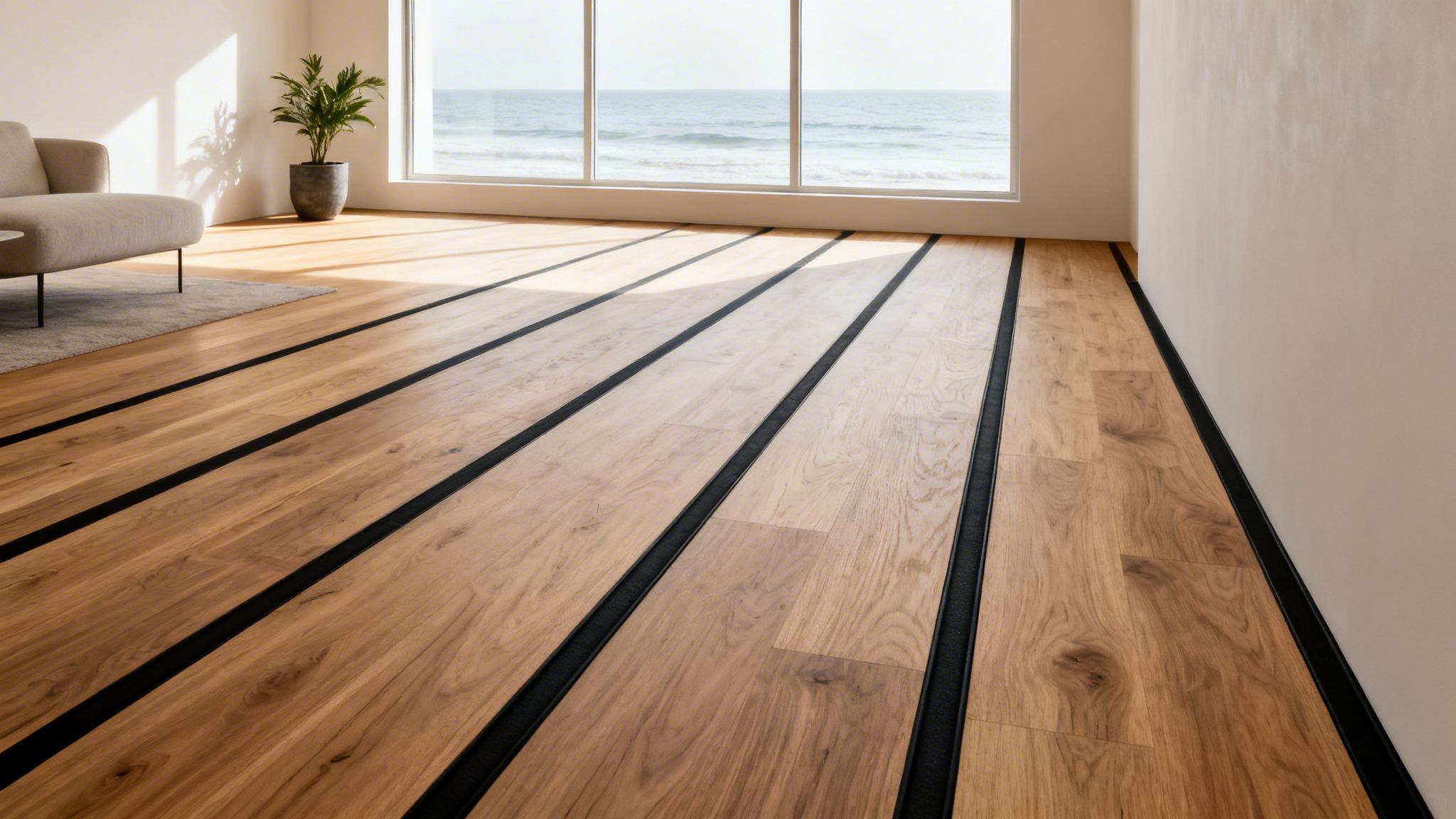 Et moderne rum med trægulv, sorte gummifuger, havudsigt, sofa og en grøn plante.