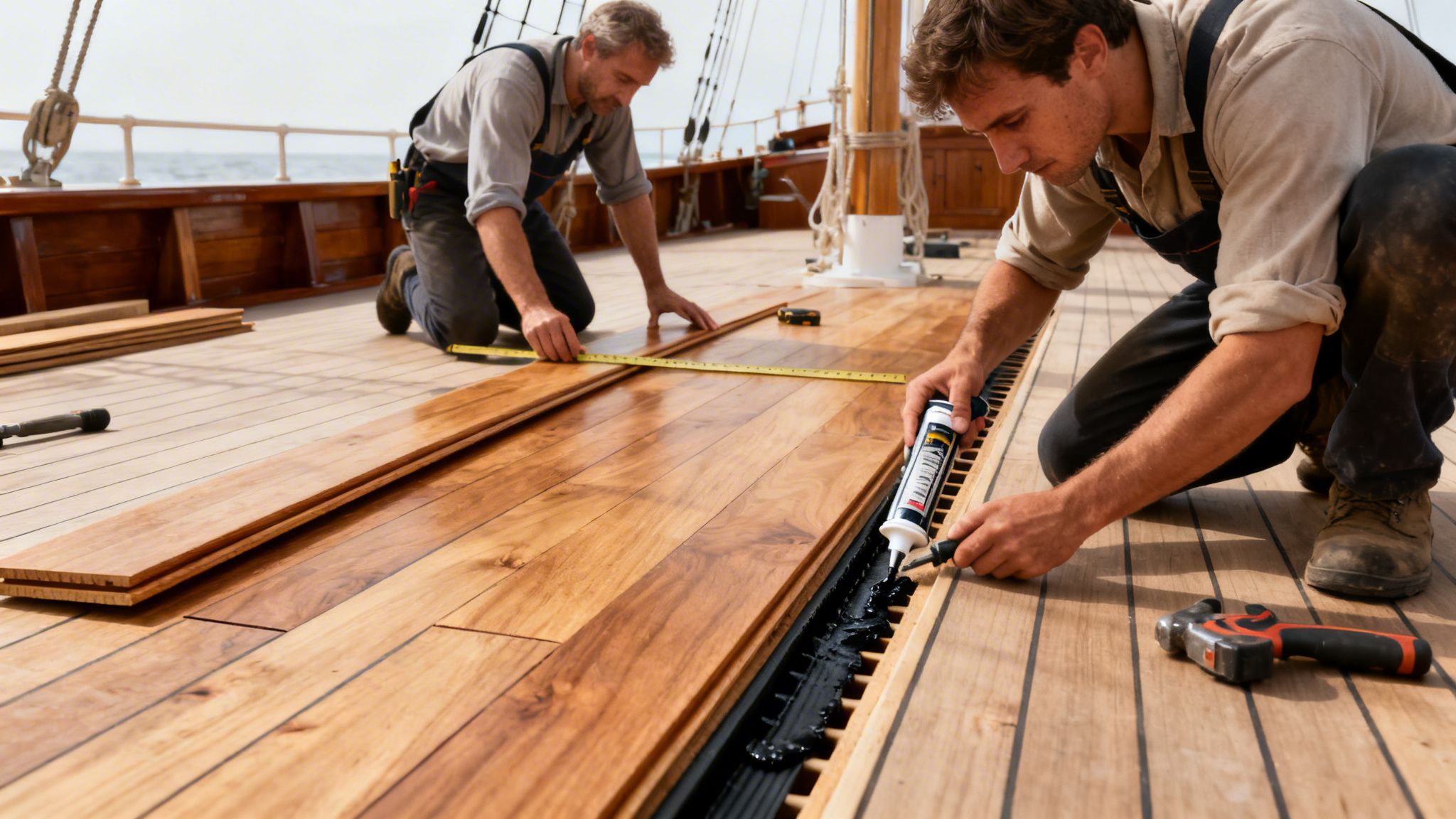 To mænd installerer et nyt trægulv på et skib, den ene måler og den anden påfører fuge.