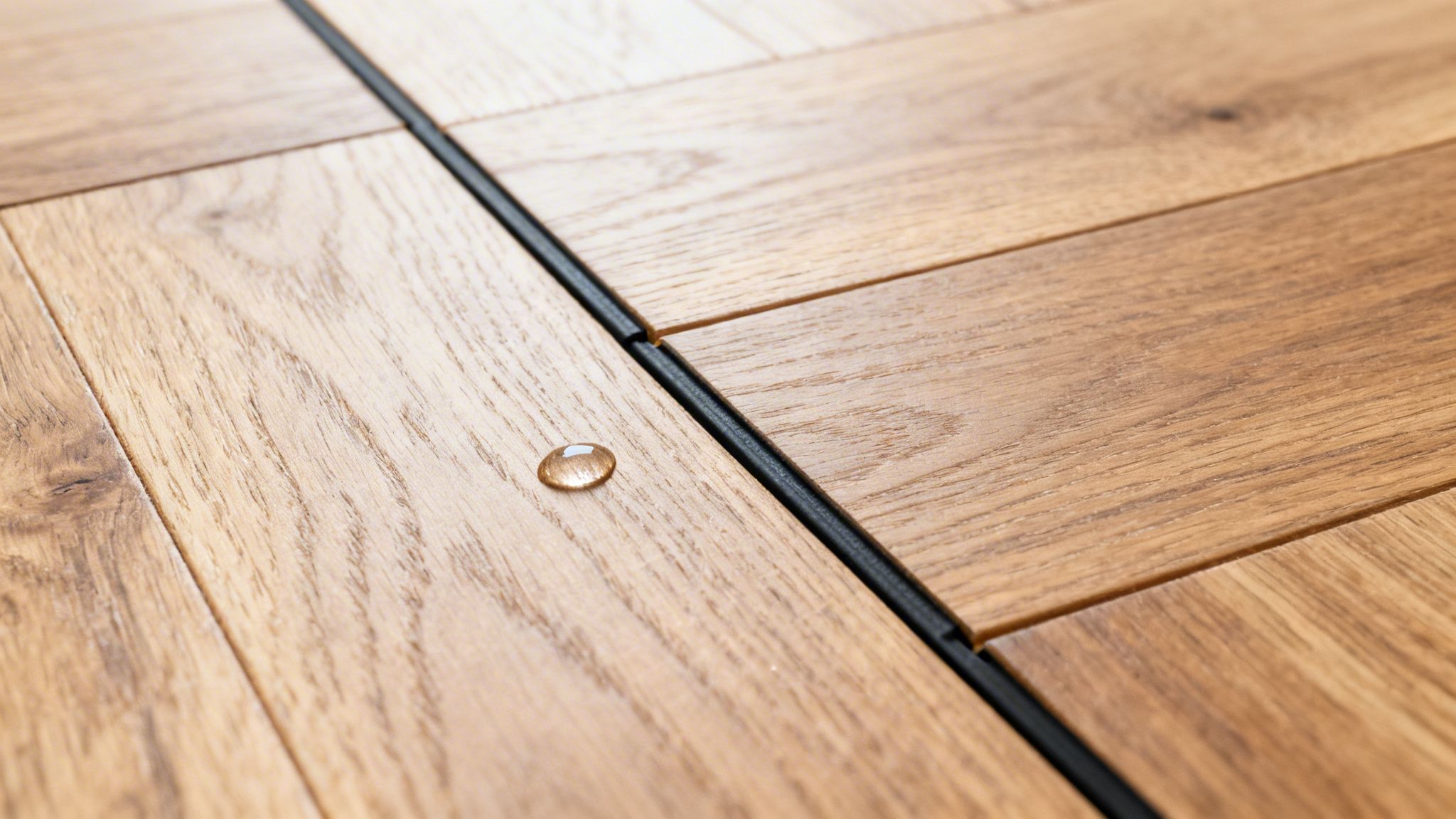 Nærbillede af et lyst skibsgulv i træ med sorte gummifuger og en vanddråbe på gulvplanken.