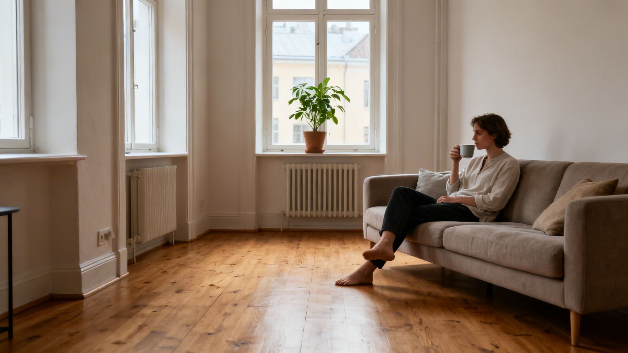 En person sidder afslappet på en sofa med en kop kaffe i en lys stue med trægulv og planter.