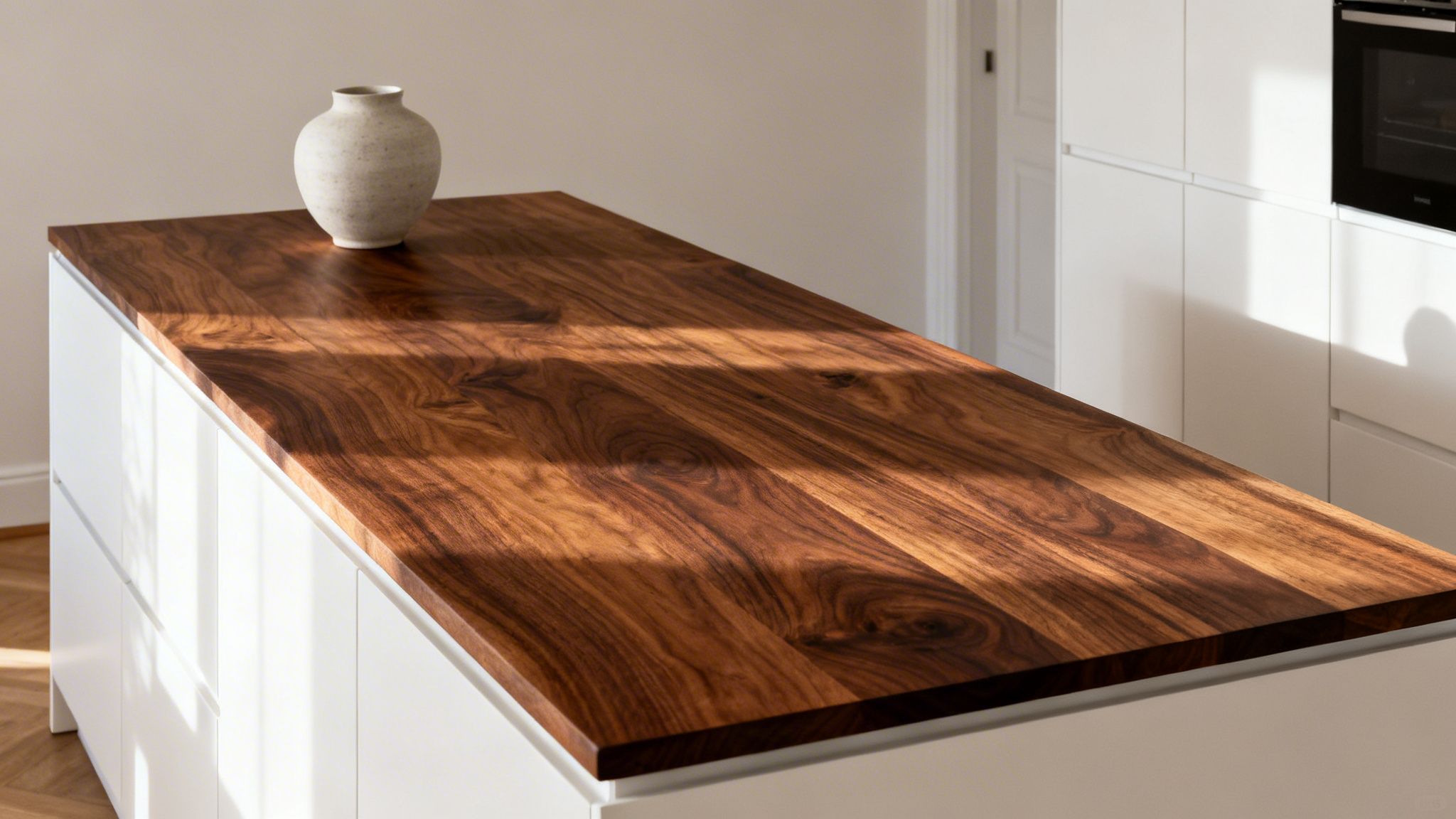 En elegant køkkenø med mørk valnøddebordplade og en minimalistisk vase, belyst af sollys.