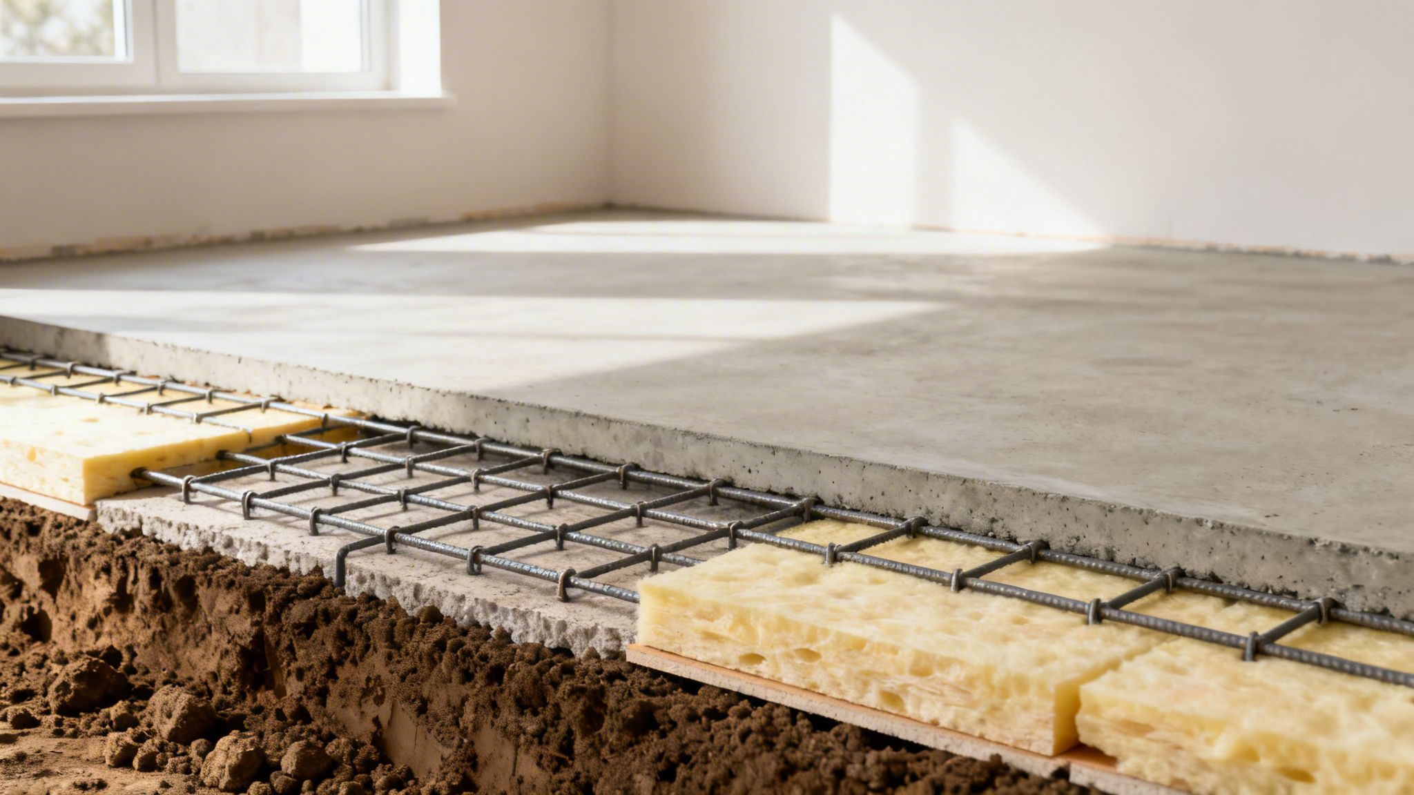 Detaljeret billede af gulvkonstruktion under opbygning med isolering, armeringsnet, betongulv og blottet jord.